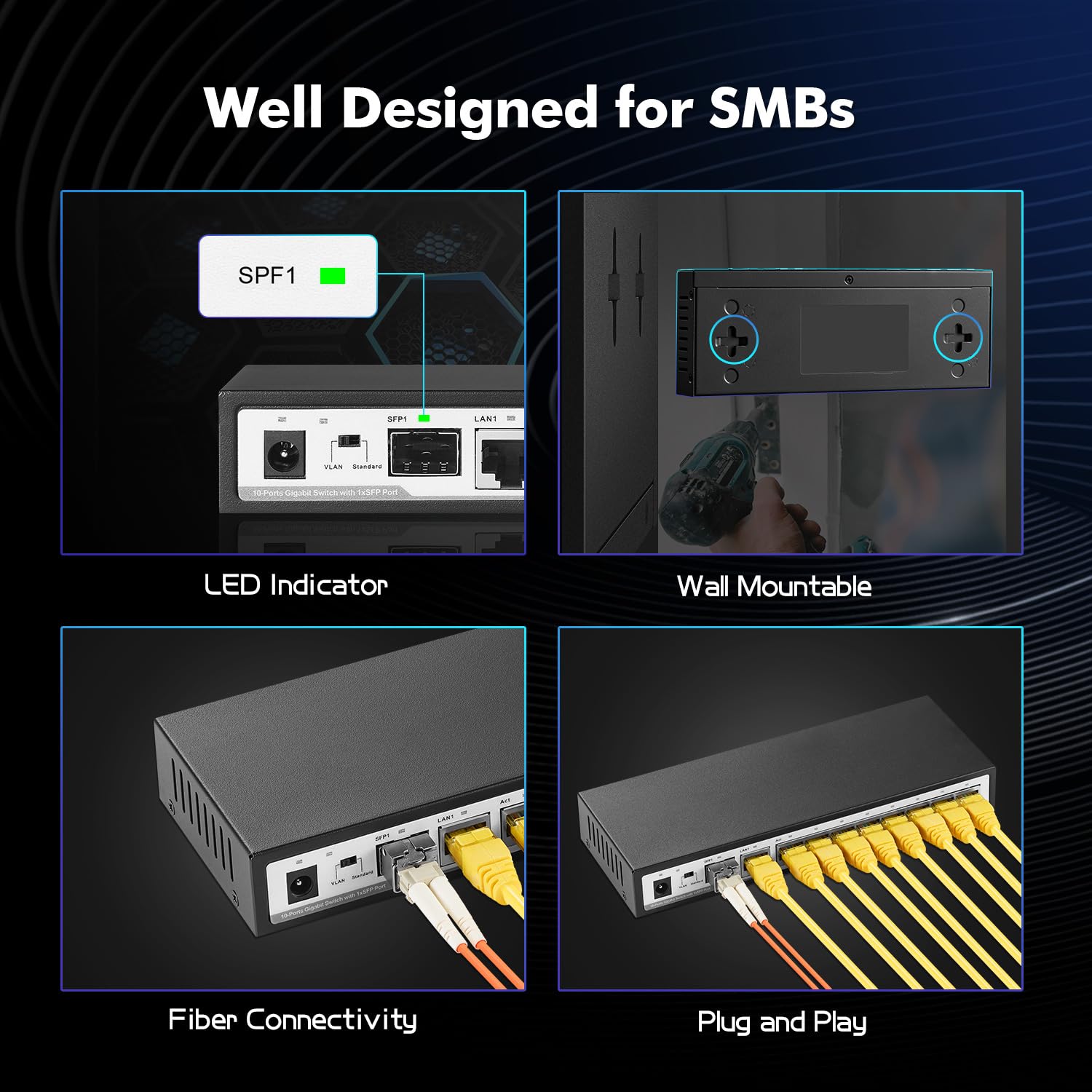 Yulinca 10 Port Gigabit Ethernet Switch, 8 X 100/1000Mbps Ports, 1 Gigabit Uplink, 1 Gigabit Sfp, Support Vlan, Metal Fanless Un