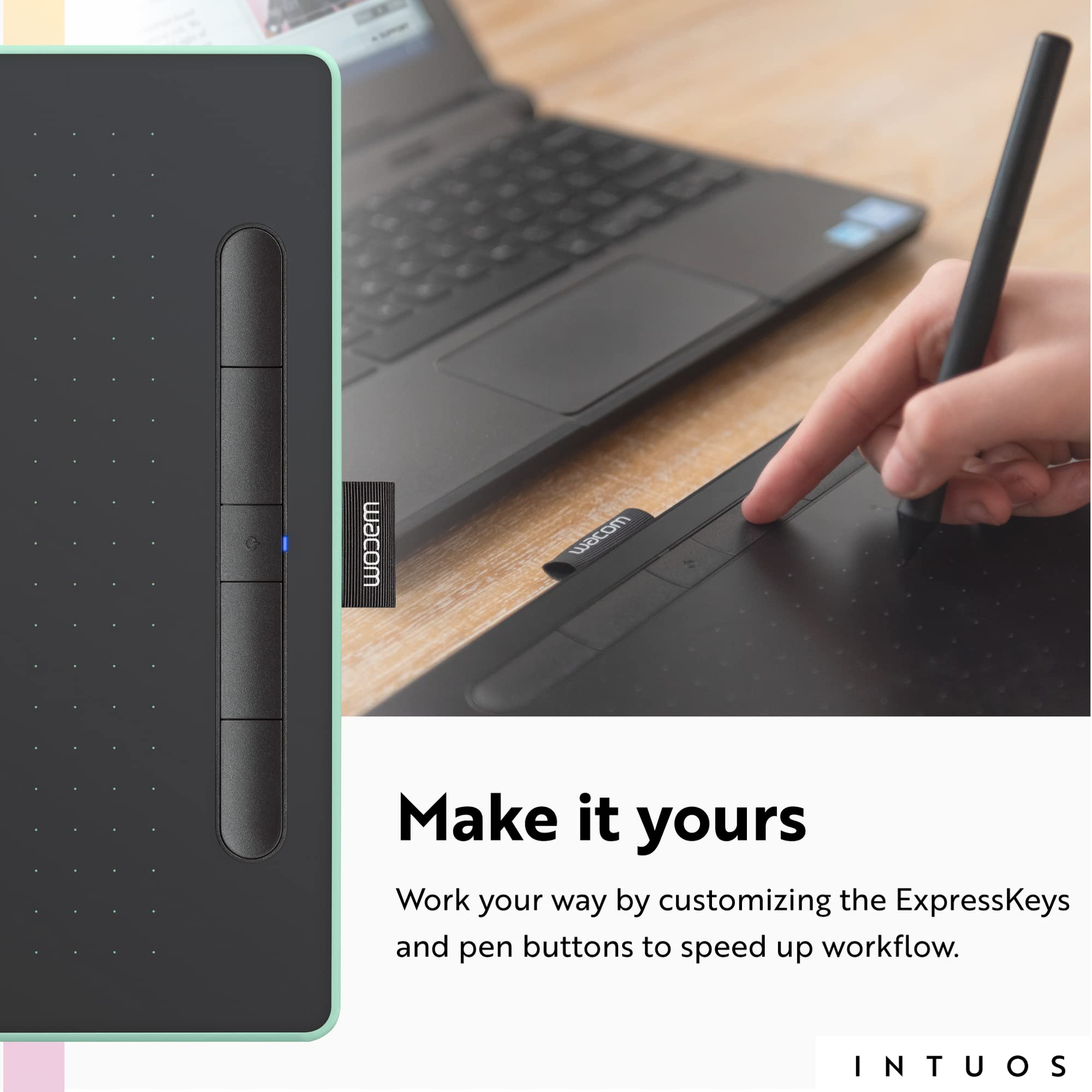 Wacom Intuos Medium Bluetooth Drawing Tablet - Portable in Pistachio, 4 Customizable ExpressKeys, Compatible with Chromebook, Mac, Android, Windows
