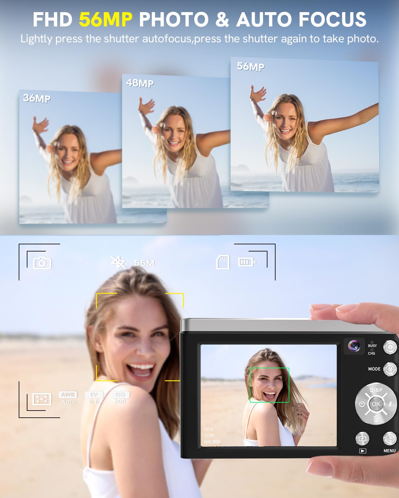 5K Digital Camera 2024 Newest 56Mp Cameras For Photography Autofocus,10X Optical Zoom Vlogging Compact Camera With Front And Rea