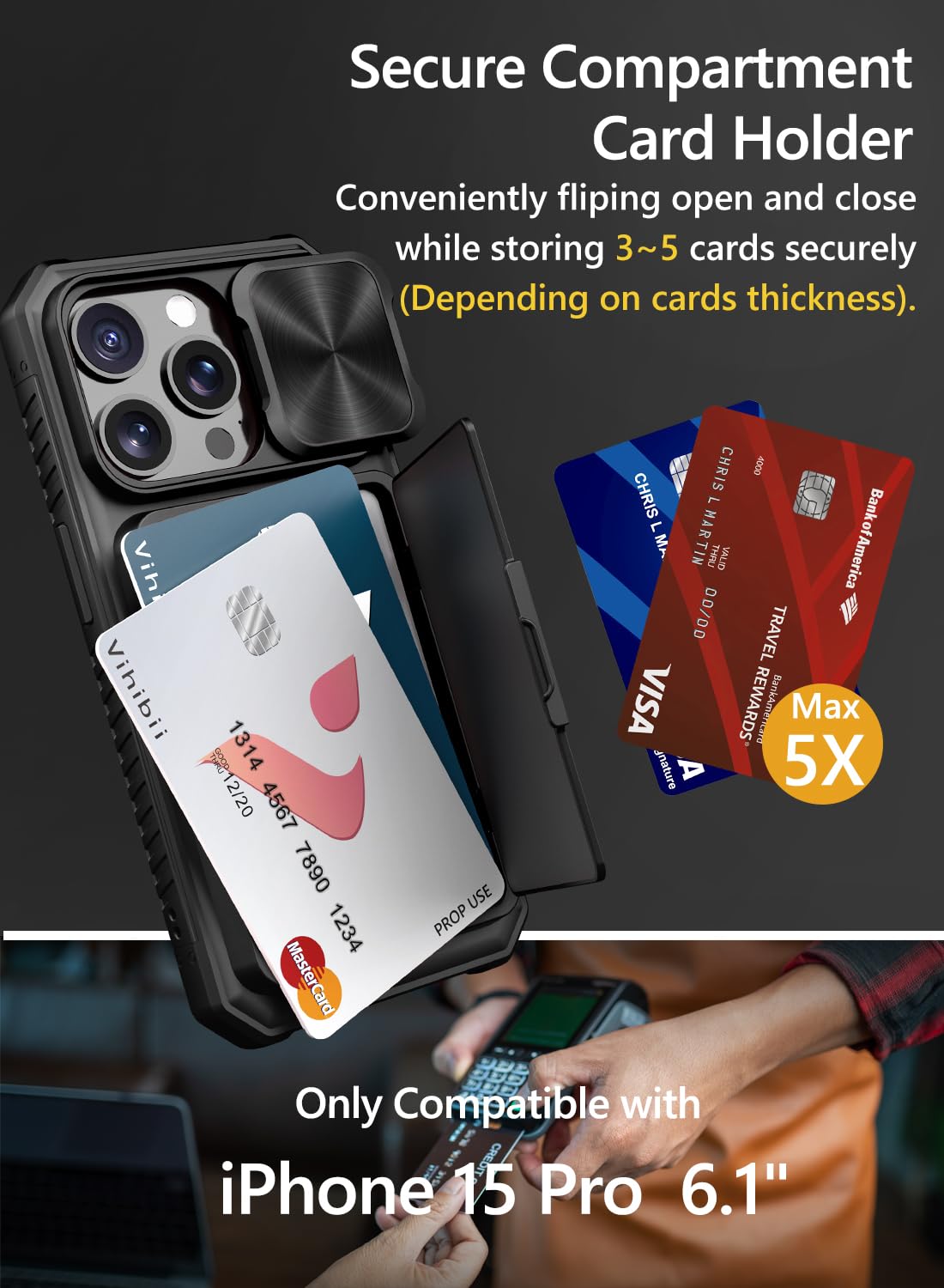 Vihibii iPhone 15 Pro Case - Shockproof Wallet with Card Holder & Kickstand, Black, Polycarbonate, 6.1" 2023 Model