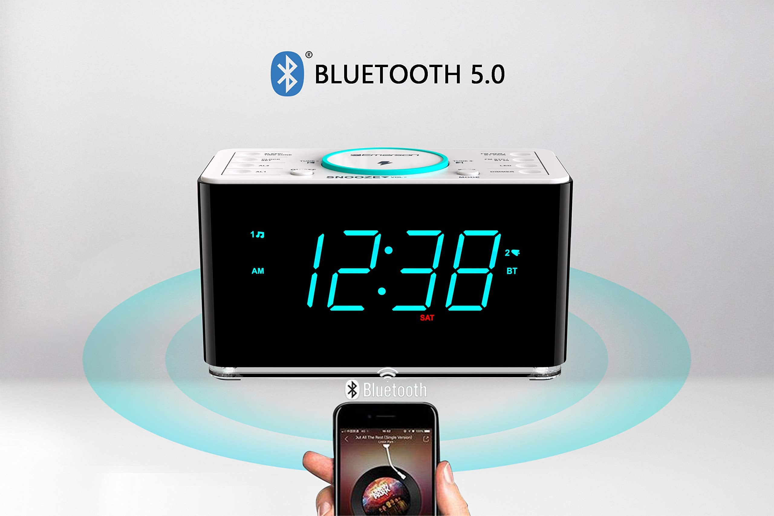 Emerson Er100401 Smartset 15Watt Ultra Fast Wireless Charging Dual Alarm Clock Radio With Bluetooth Speaker, Usb Charger, Cyan L