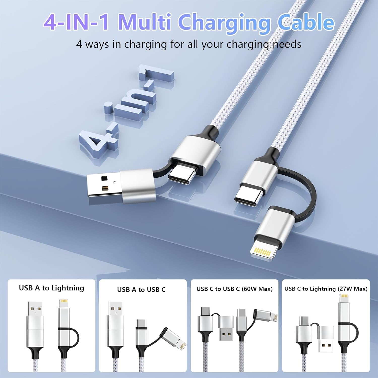 16Ft/5M Multi 4 In 1 Usb C Cable Lightning Charging Cable,60W Fast Charger & Data Transfer,Iphone Ipad Charger Cord With Lightni