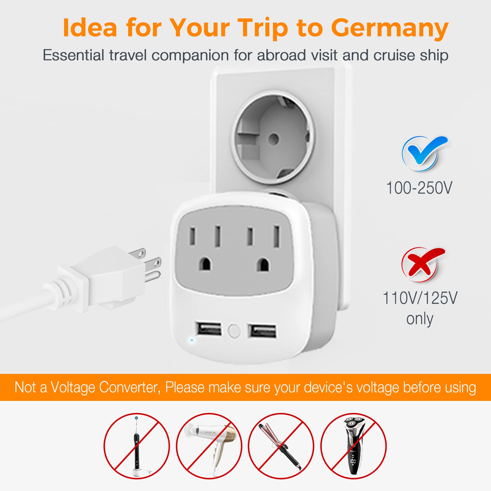 Tessan Germany France Power Adapter, Type E F Plug Adaptor With 2 Usb Ports 2 Ac Outlets, Travel Converter Us To European Europe