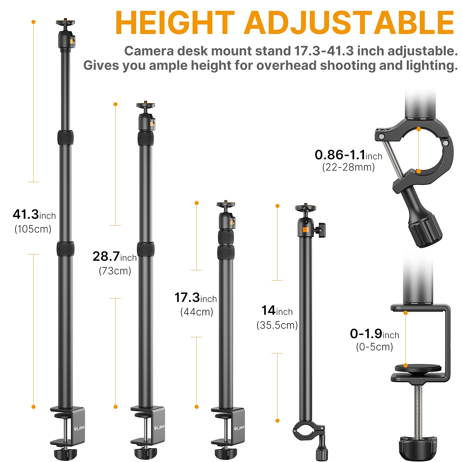 Jusmo Camera Desk Mount With Auxiliary Holding Arm, Overhead Camera Mount With 360 Ballhead And Phone Grip, Table C Clamp Multi