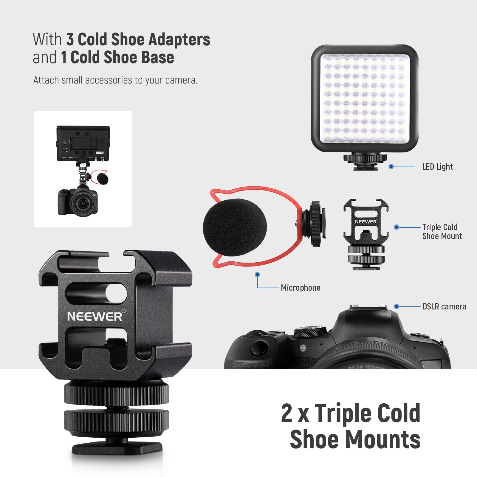 Neewer 8 Pcs Hot Shoe Mount Adapter Kit, Including Triple Cold Shoe Mount, 1/4    Screw Adapter, Flash Stand Bracket, And Hot Sh