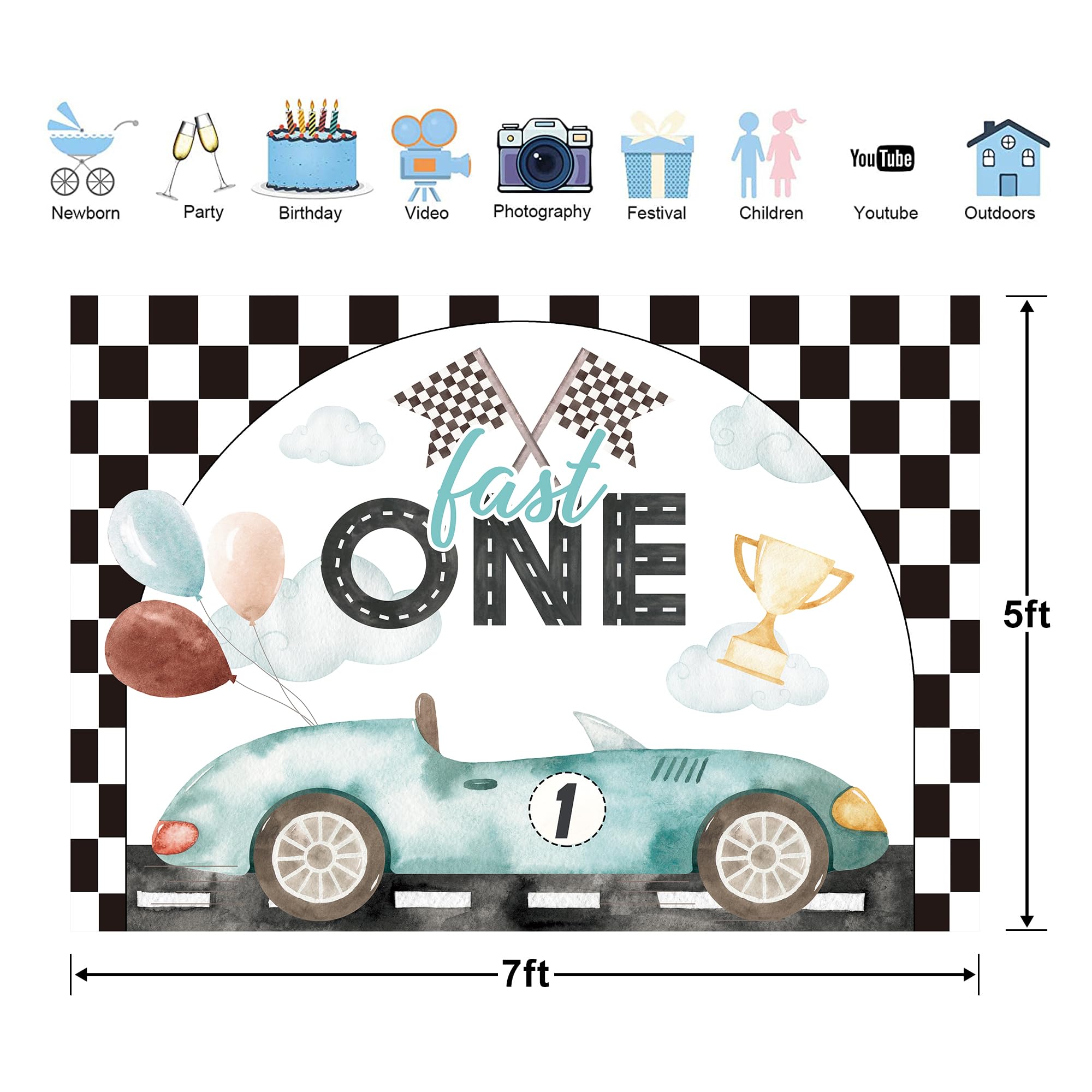 Glawry Fast One 1St Birthday Backdrop For Photography 7Wx5H Feet Racing Car Cartoon Cute Black White Checker Flag Cool For Kids