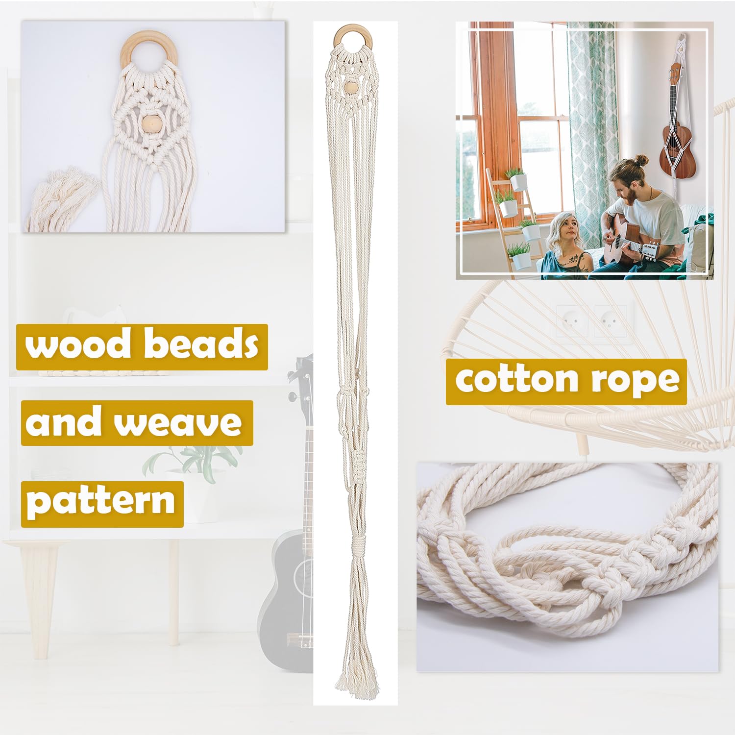 Majowir Macrame Ukulele Hanger Wall Mount   Handwoven Ukulele Wall Mount Holder For Soprano Ukulele, Boho Wall Decor, Natural Co