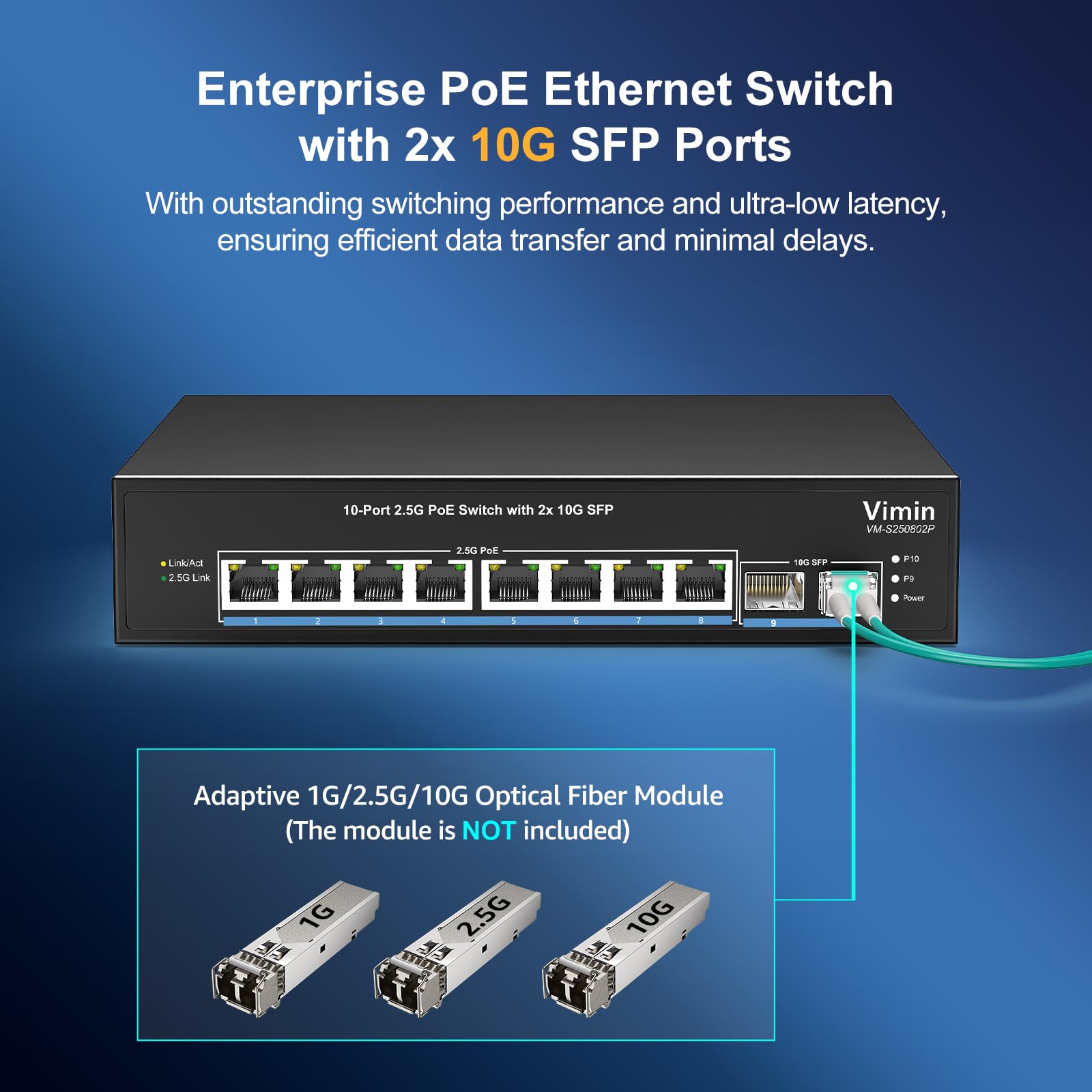8 Port 2.5G Poe Switch Unmanaged With 2X 10Gbps Sfp, Vimin 10X 2.5G Base T Poe Ports, 10G Sfp Poe Switch W/ 60Gbps Ethernet Swit