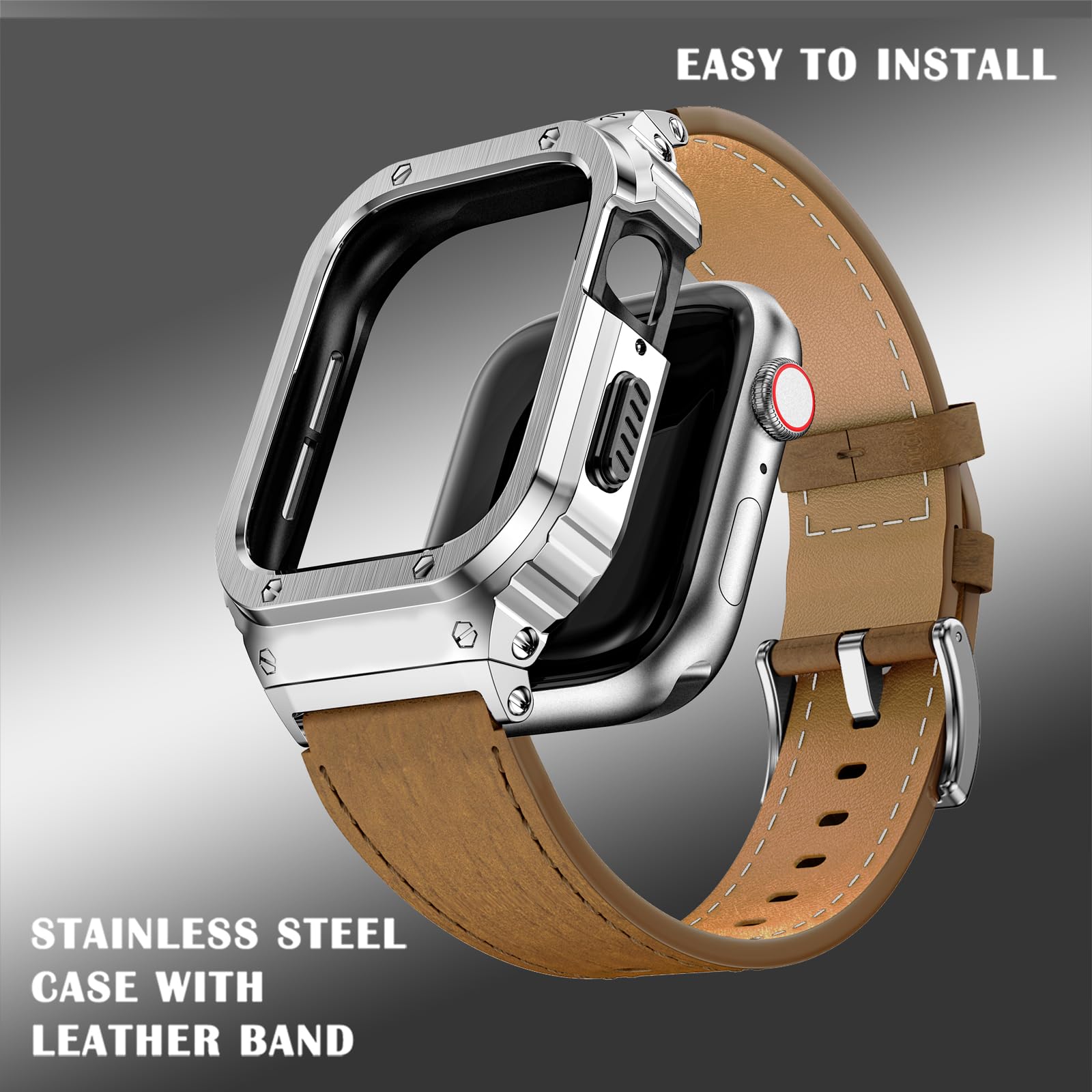 Suplink Stainless Steel Case And Bands Compatible With Apple Watch Band 42Mm 44Mm,Leather Strap Rugged Cover For Iwatch Series S