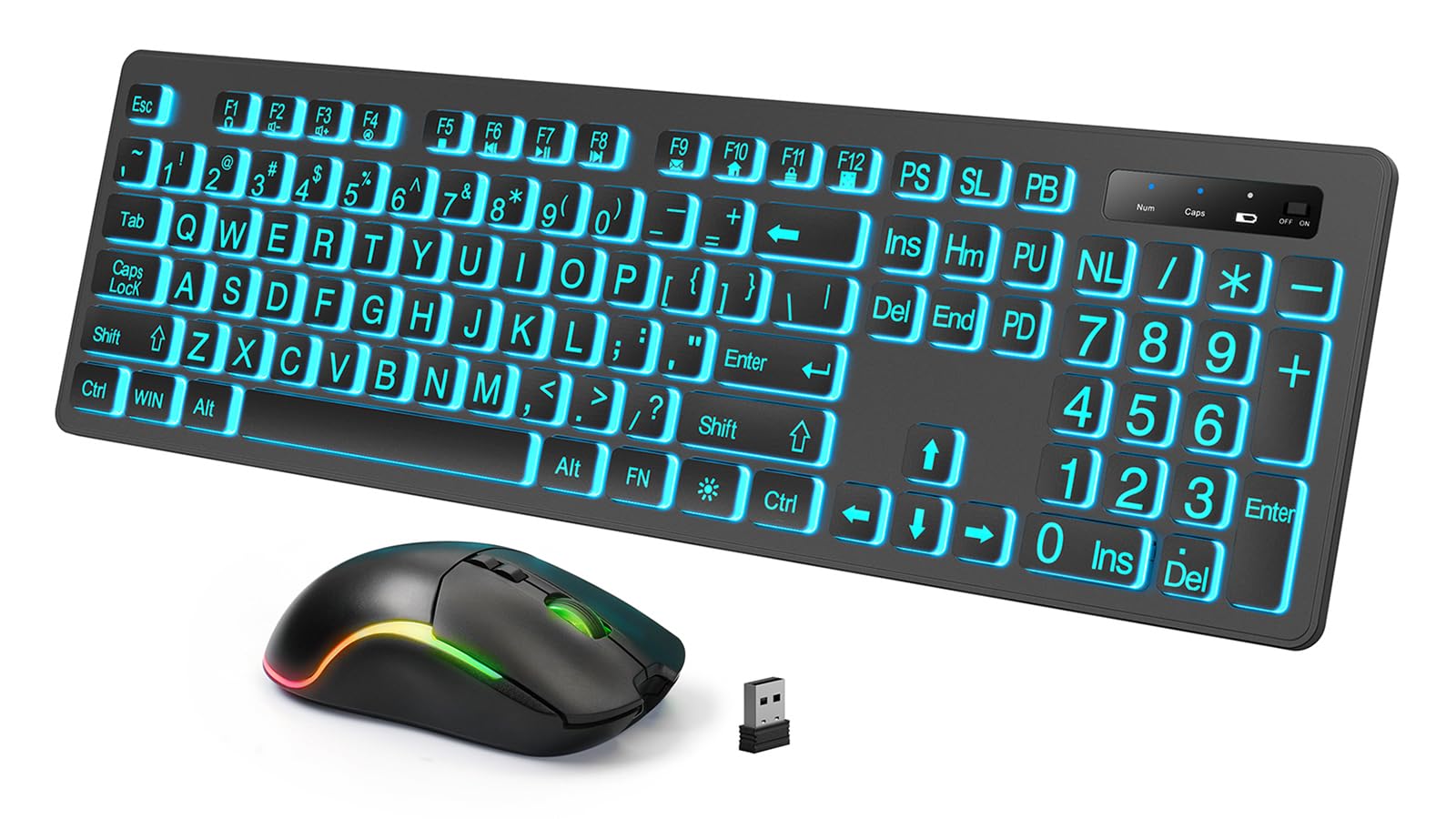 Backlit Large Print Wireless Keyboard and Mouse Combo, 2.4G Full Size Keyboards with Light Up Large Keys, Oversize Letters Keys