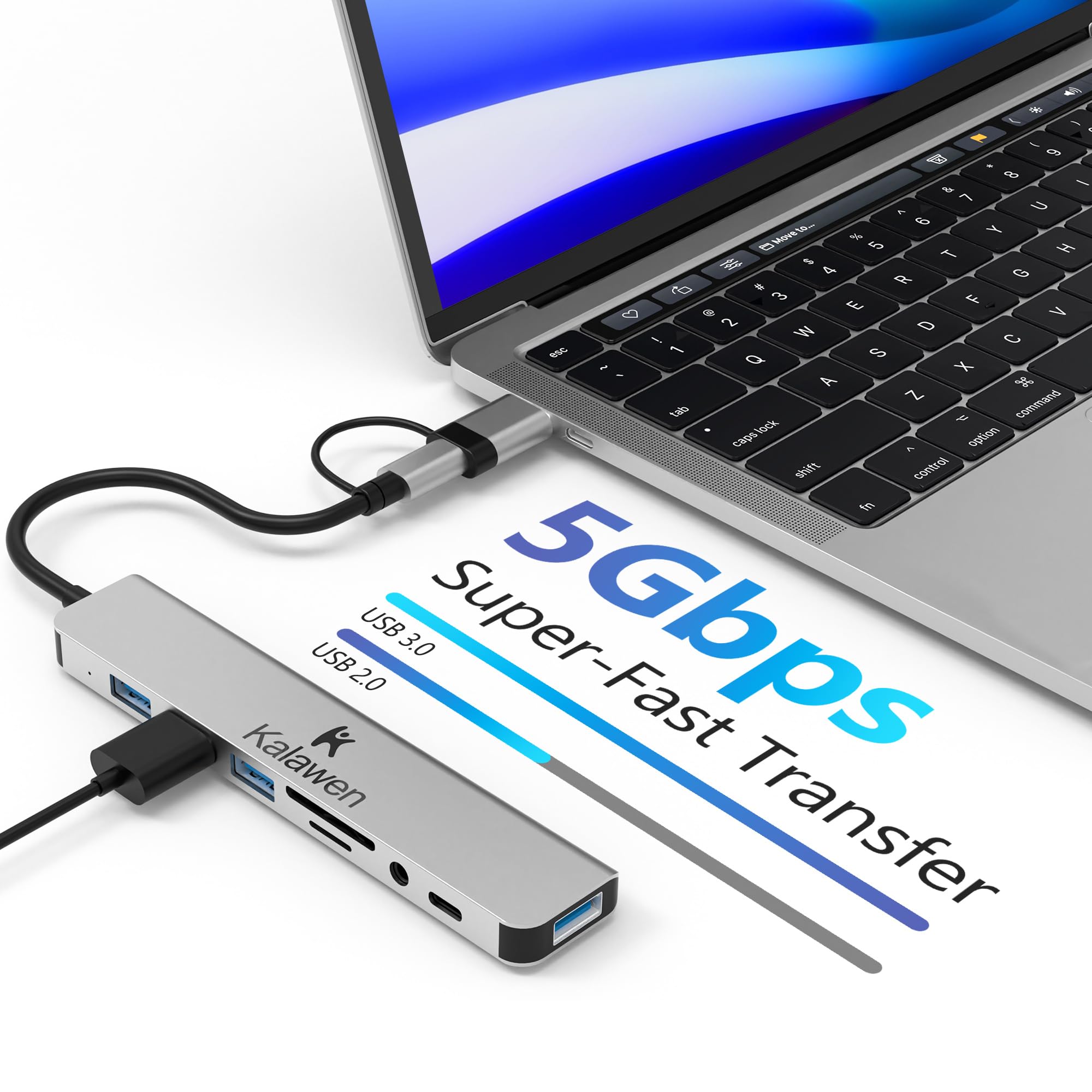 Kalawen Usb C Hub Usb Hub 3.0, Aluminum 8 In 1 Usb Splitter With 1 X Usb 3.0, 3 X Usb 2.0 And 1 X Usb C, Sd/Tf Card Reader, 3.5M