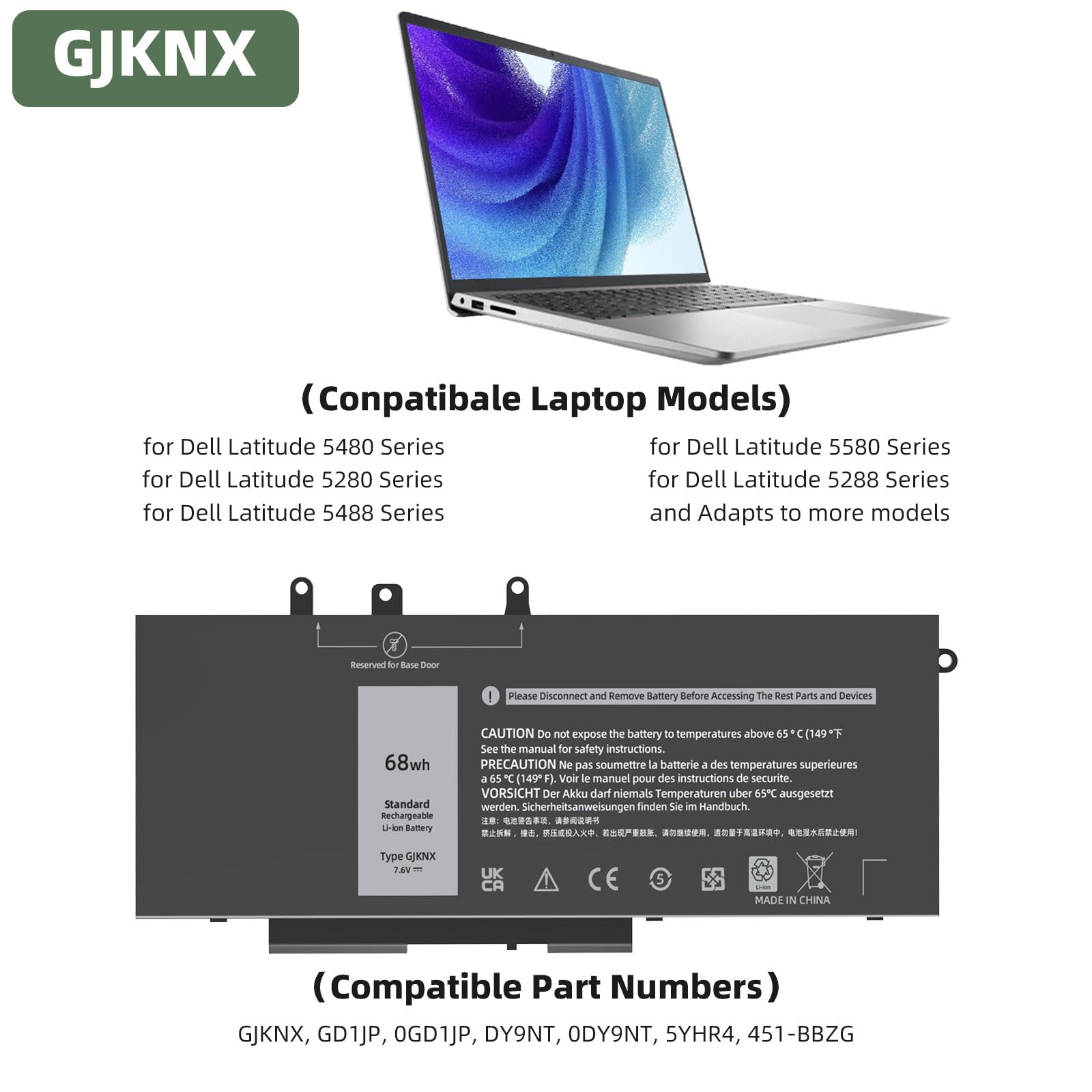 Jgtm 68Wh Gjknx Laptop Battery For Dell Latitude 5580 5480 5280 5288 5488 5590 5591 5490 5491 5495 E5480 E5580 E5490 E5590 Preci