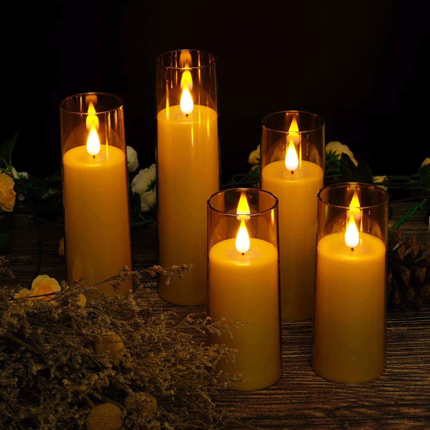 Amagic Flickering Flameless Candles, Battery Operated Candles, Amber Gold Acrylic Led Pillar Candles With Remote And Timer, 3D W