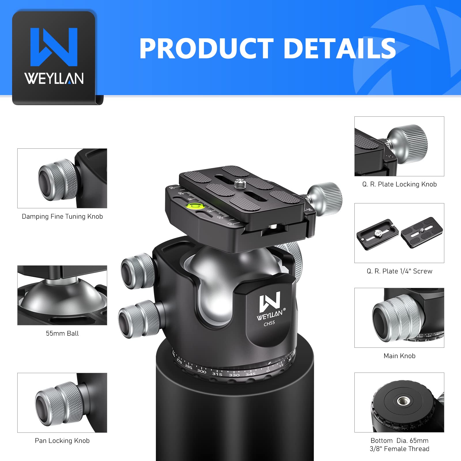 Low Profile Ball Head 55Mm Tripod Ball Head Weyllan Ch55 Heavy Duty 360 Panoramic Tripod Head, Large Size Cnc Aluminum Camera He