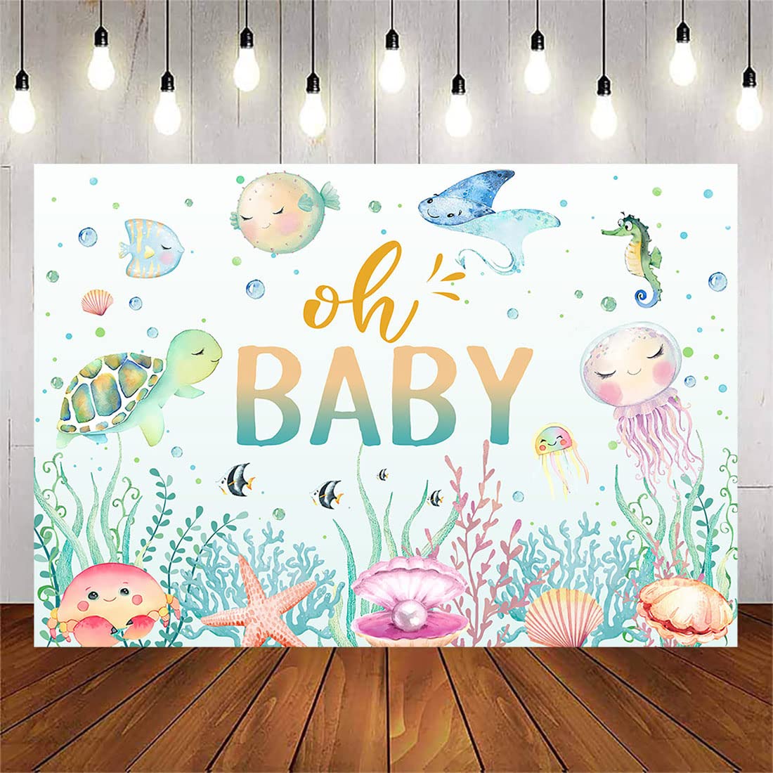 Avezano Ocean Sea Life 7X5Ft Baby Shower Backdrop, Cotton Material, Green, Underwater World Party Decorations