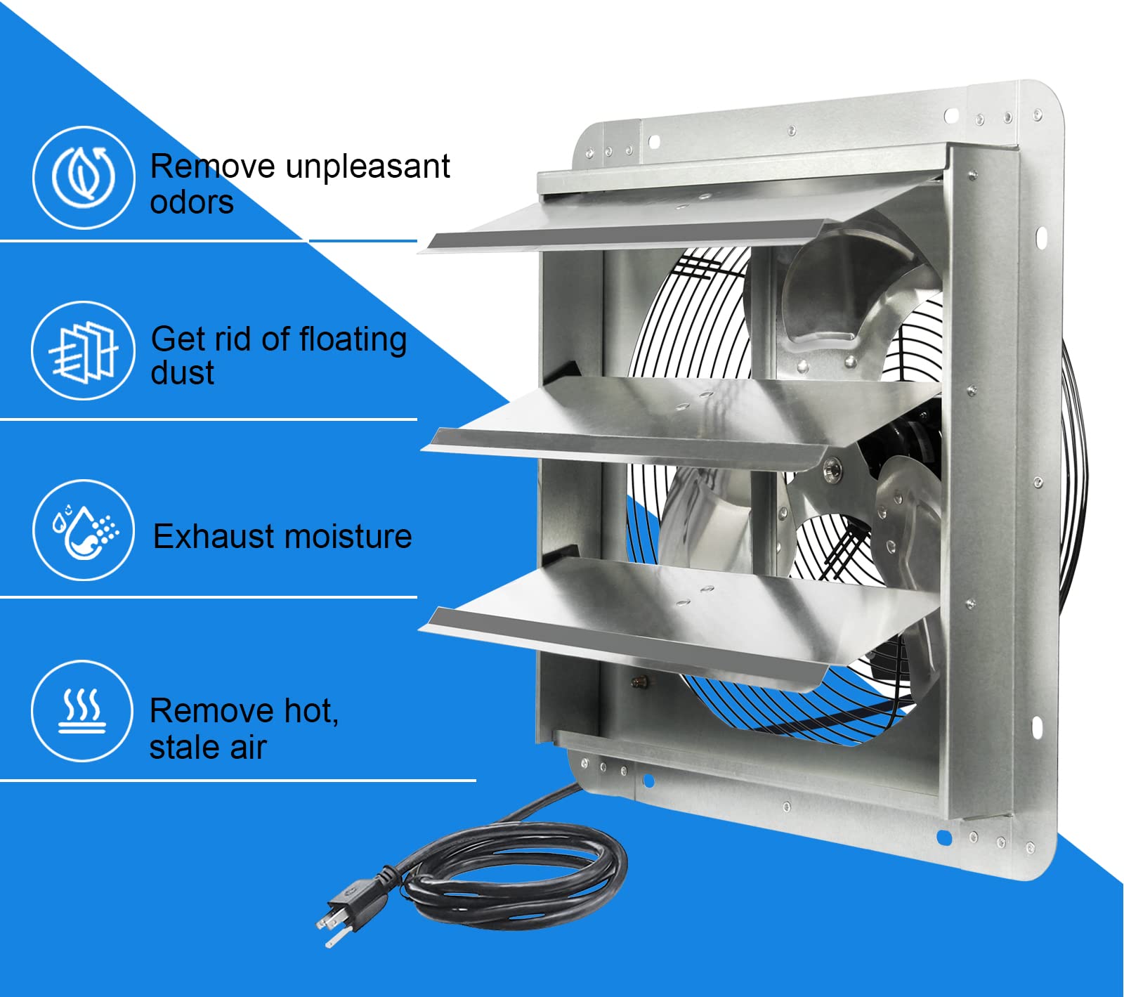 Ken Brown 14 Inch Shutter Exhaust Fan, High Speed 1520Cfm, Wall Mounted With 1.65M Power Cord, For Garages, Attics, Greenhouses,