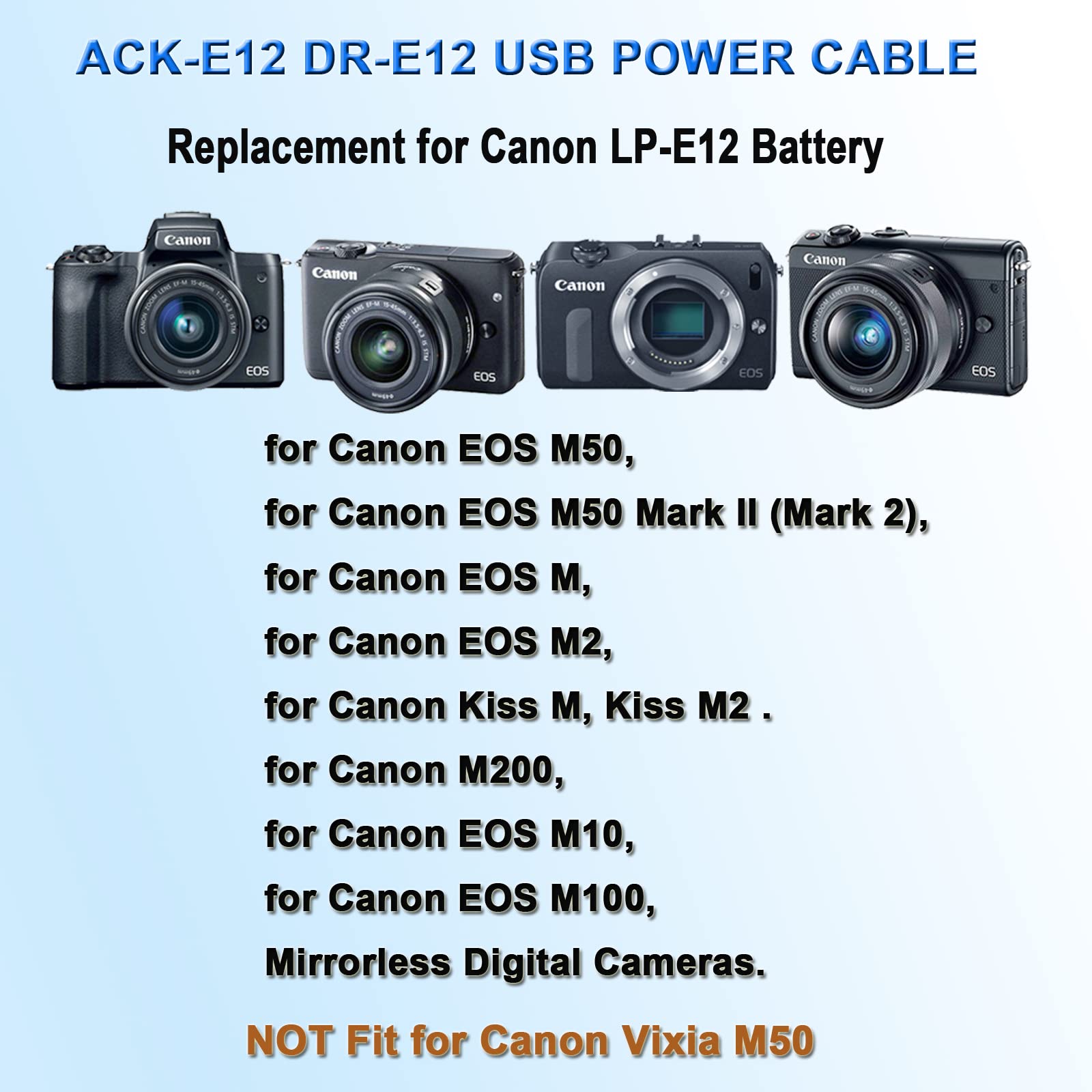 Tkdy Ack E12 Usb Cord Cameras Power Supply M50 Dummy Battery Lp E12 Dr E12 Dc Coupler Kit, Fit For Canon Eos M50 Mark Ii, Eos M50 M100 M200 M M2 M10, Kiss M, Kiss M2 Digital Camera.