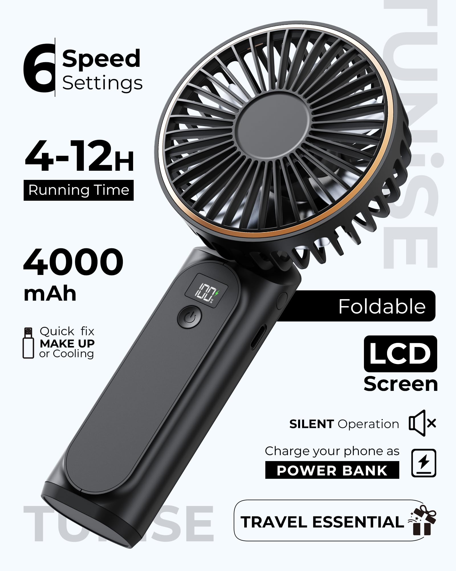 Tunise Portable Handheld Fan, 4000Mah, 180 Adjustable, 6 Speed Wind, Display Electricity In Real Time, Usb Rechargeable Foldable