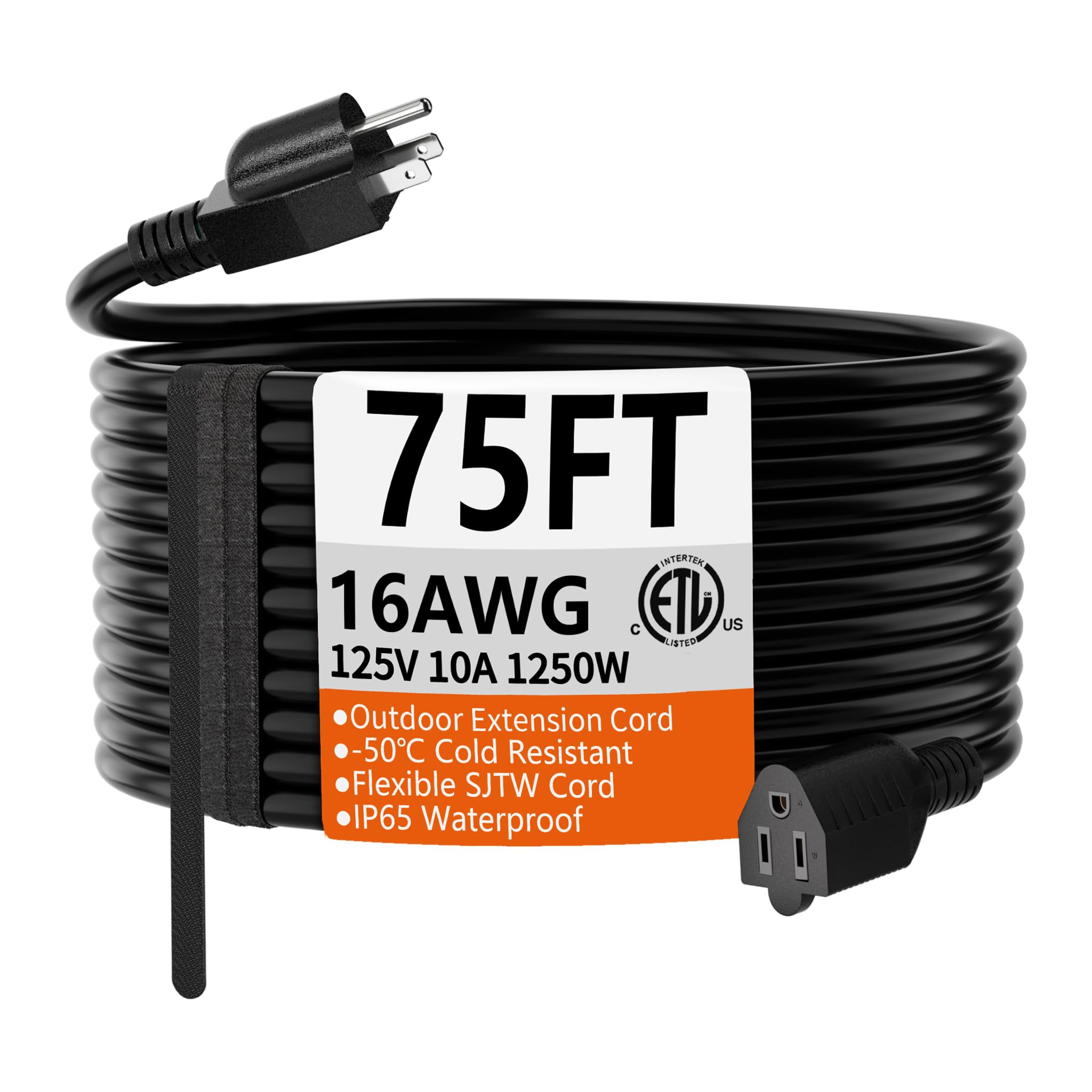 Huanchain 75 Ft 16 Gauge Black Indoor Outdoor Extension Cord Waterproof, Flexible Cold Weather 3 Prong Electric Cord Outside, 10