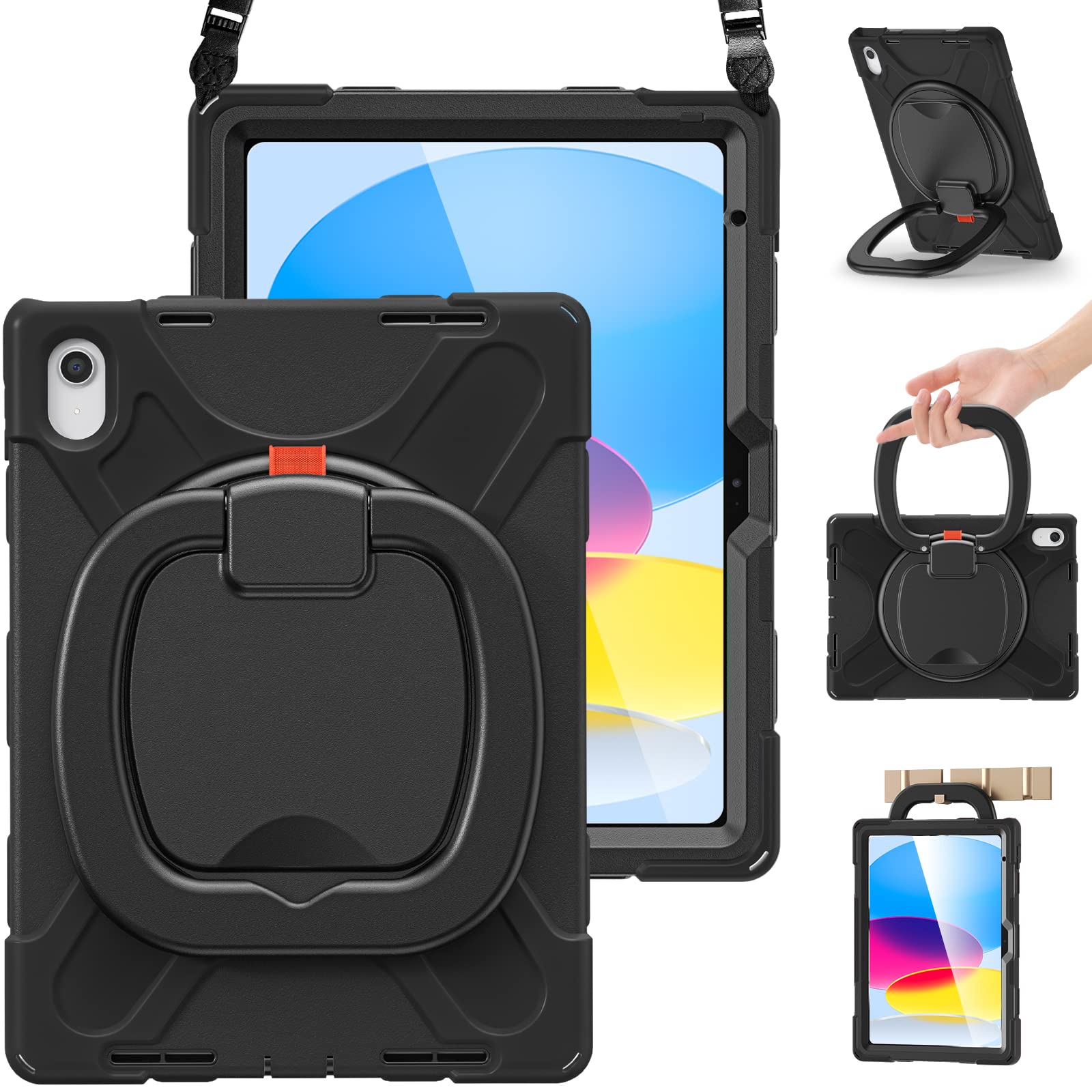 Braecn Case For 10.9    Ipad 10Th Generation 2022 A2696 A2757 A2777, Protective Silicone Rugged With Screen Protector/Swivel Rin