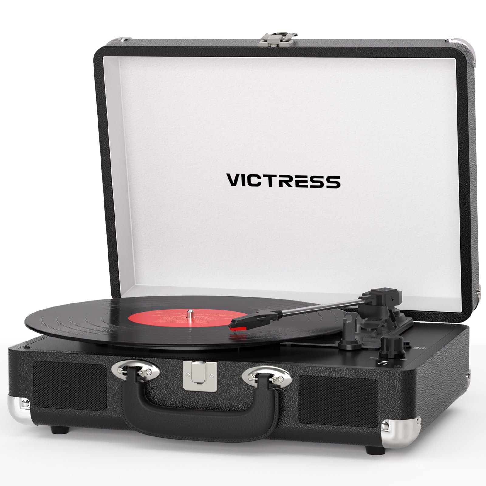 VICTRESS Vinyl Record Player with Bluetooth in/Out, Vintage Portable Suitcase Record Player, 3-Speed LP Turntable with USB Vinyl