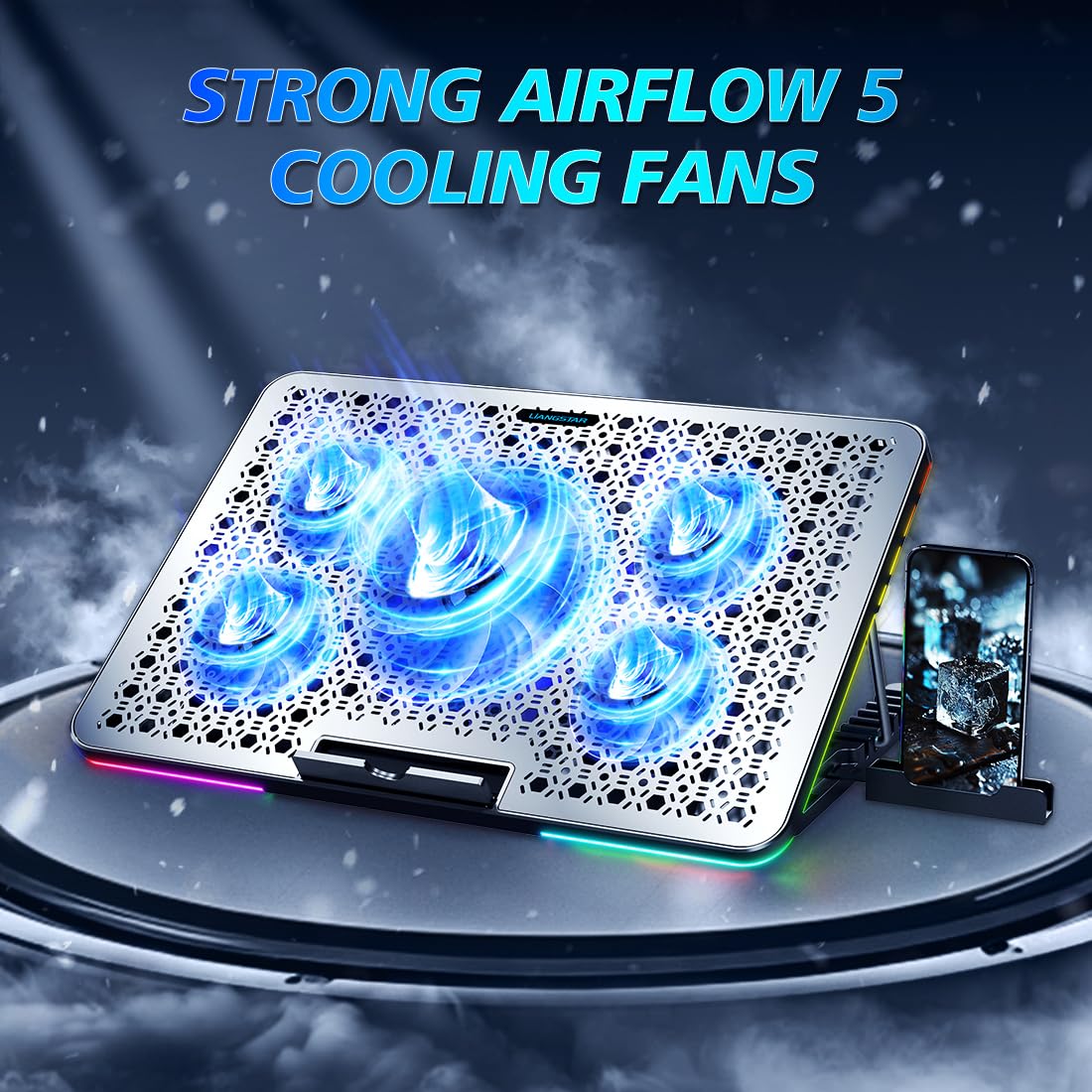 Liangstar Laptop Cooling Pad, Laptop Cooler Gaming 5 Quiet Fans With Large Metal Plate For 12 17.3 Inch Fan Stable Stand, 4 Mode