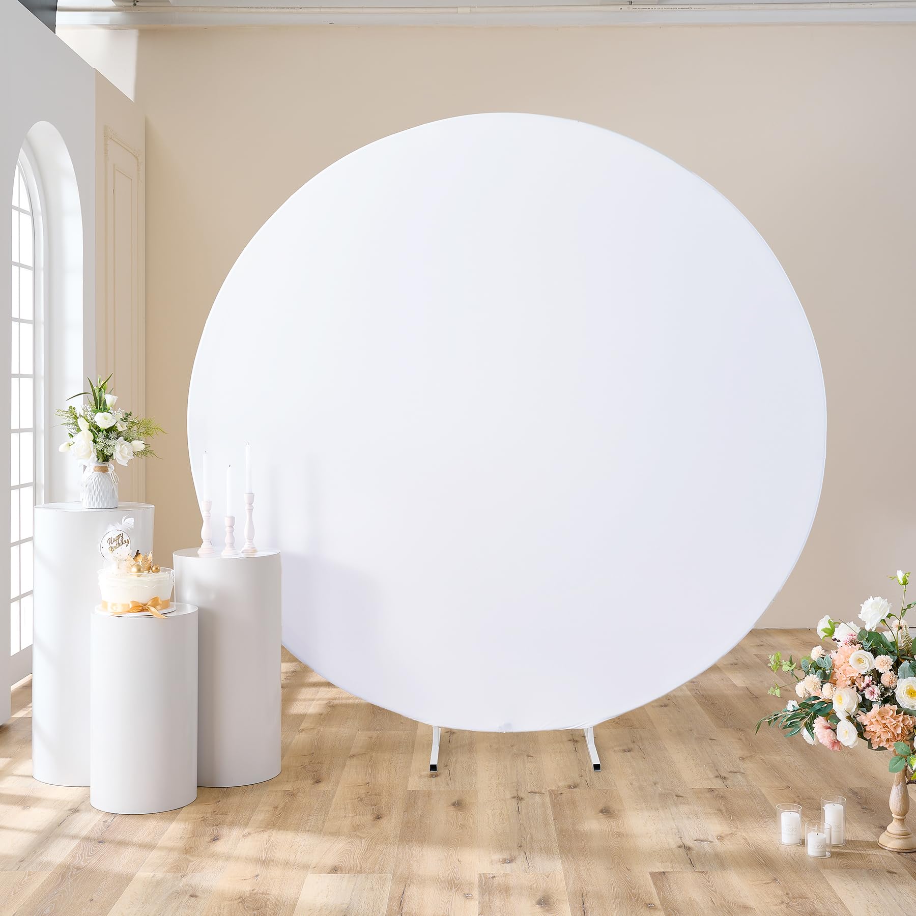 Gogoparti 7.2 Ft Pure White Round Backdrop Cover, Polyester Material, Wrinkle Free, Stretchy Circle Arch For Party, Wedding, Bir