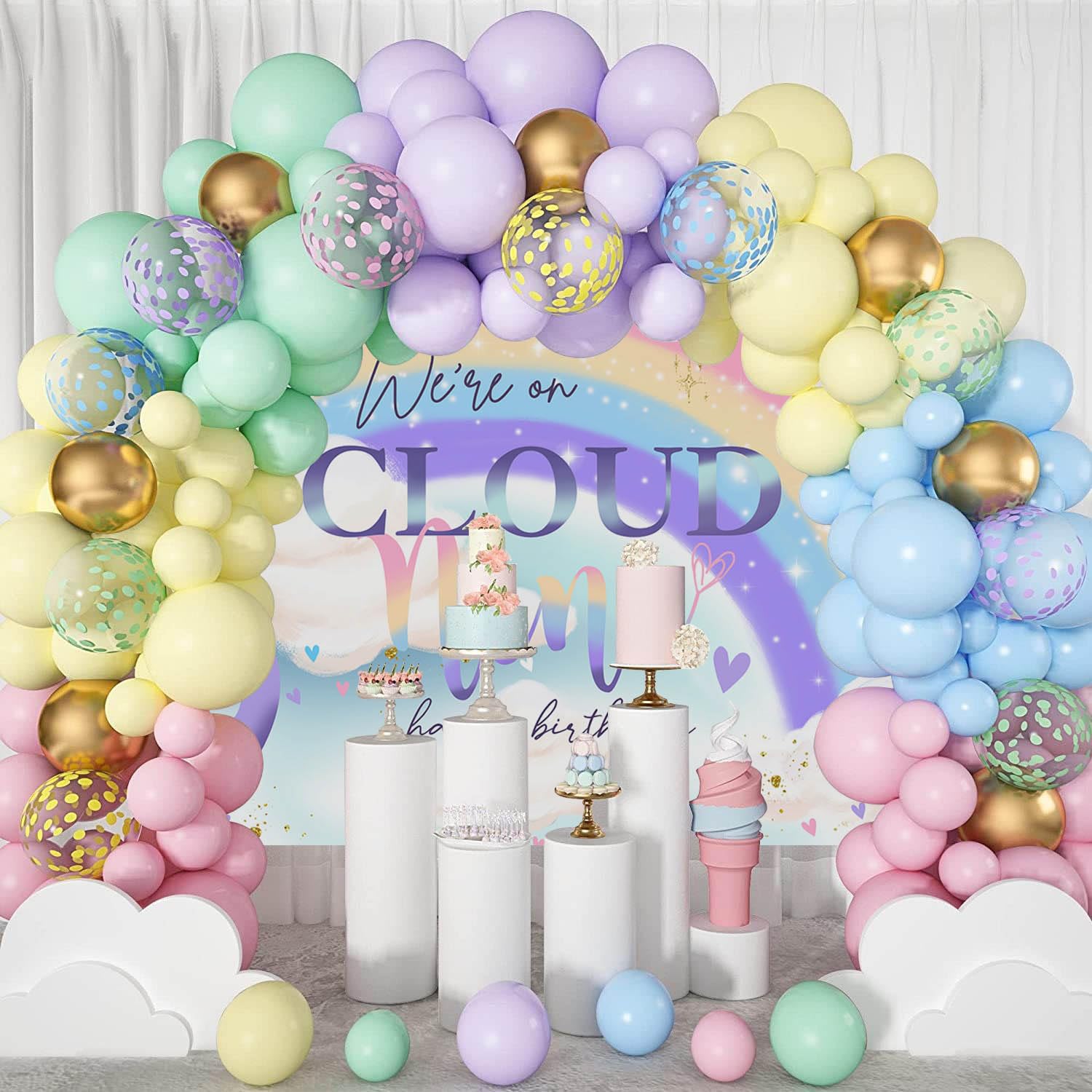 Mocsicka On Cloud 9 Birthday Backdrop On Cloud 9 Birthday Decoration For Girls Cute Rainbow Cloud 9Th Girl Birthday Background P