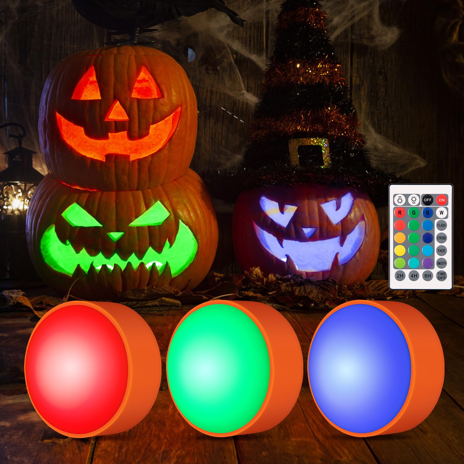 Halloween LED Flameless Pumpkin Lanterns, Battery Operated Jack-O-Lantern Lights with Remote Control and Timer, RGB Dimmable Col