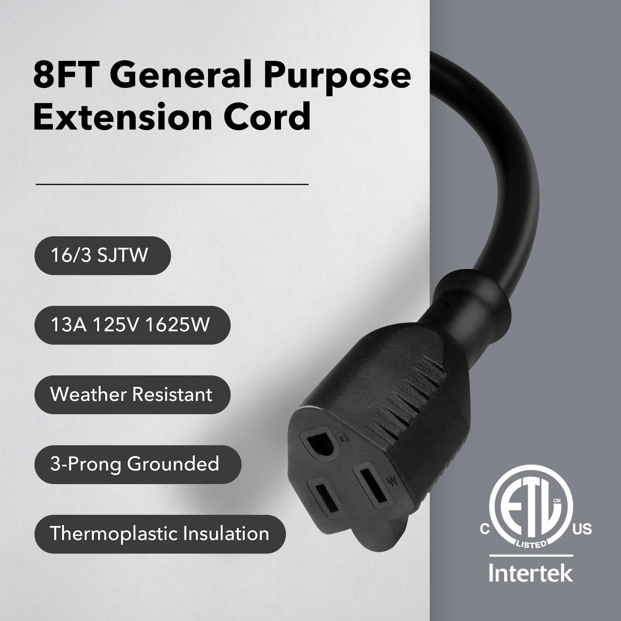 Bn Link 8 Ft Indoor/Outdoor Extension Cord 16/3 Sjtw, Black, Water & Weather Resistant, 3 Prong Grounded Plug For Landscaping &