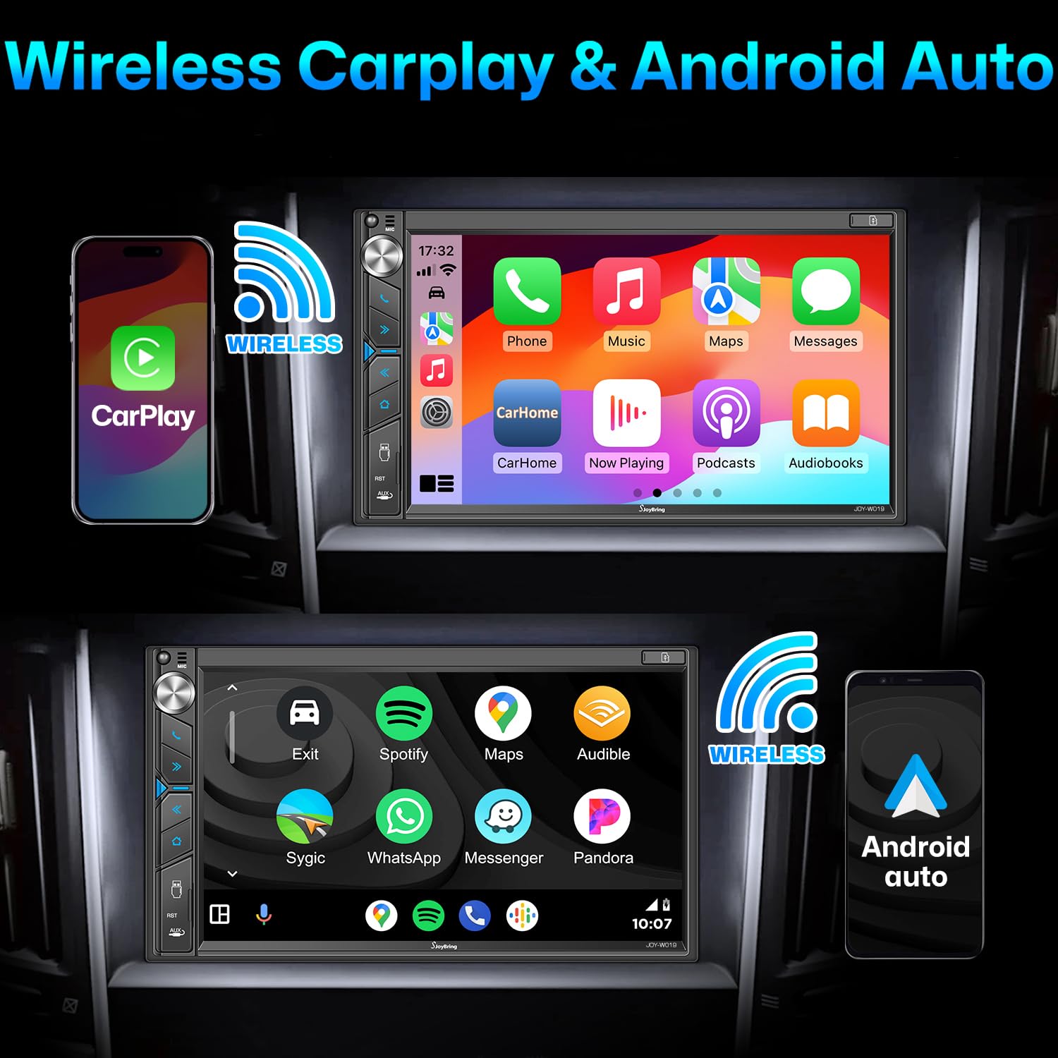 Double Din Car Stereo With Dash Cam   Voice Control Carplay, Android Auto, Steering Wheel Controls, 7'' Hd Touchscreen, Backup C