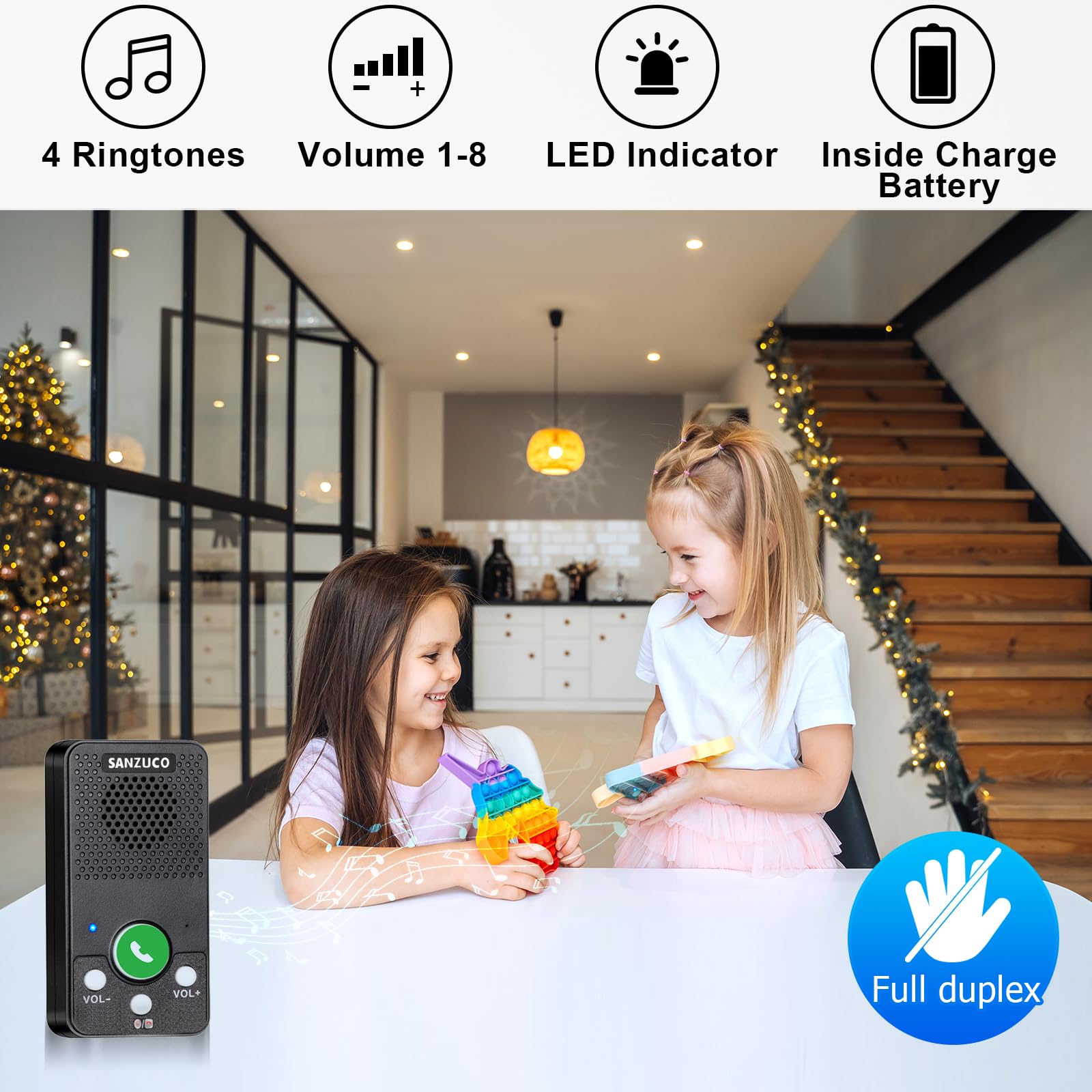 Sanzuco Doorbells, Waterproof Wireless Doorbell Hands Free, 1000Ft Range Door Bell Intercom Supports Two Way Communication With