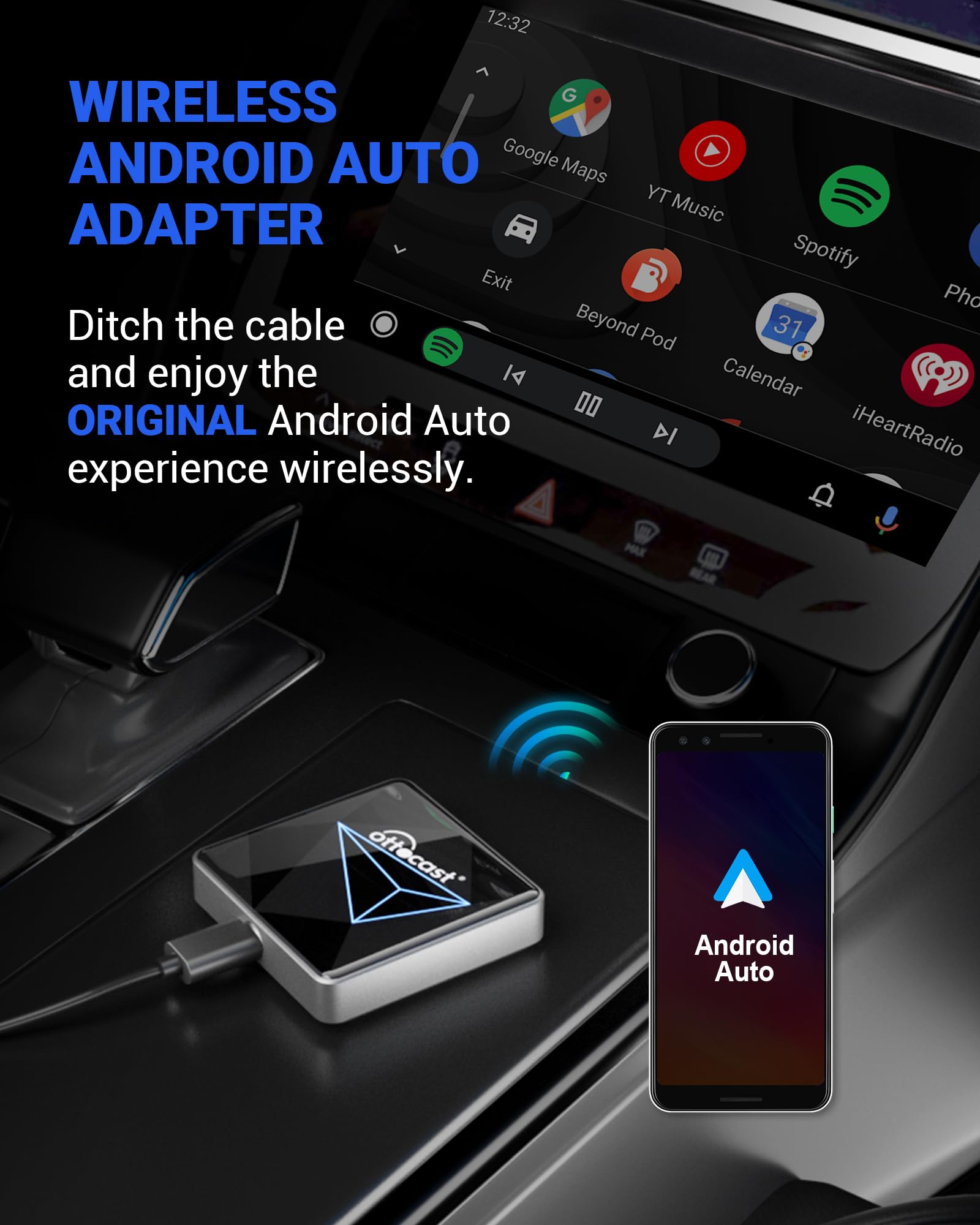 Ottocast Android Auto Wireless Adapter For Car - 2025 Version, Wired To Wireless Dongle, Dual-Band Wifi, Low Latency, Online Upd