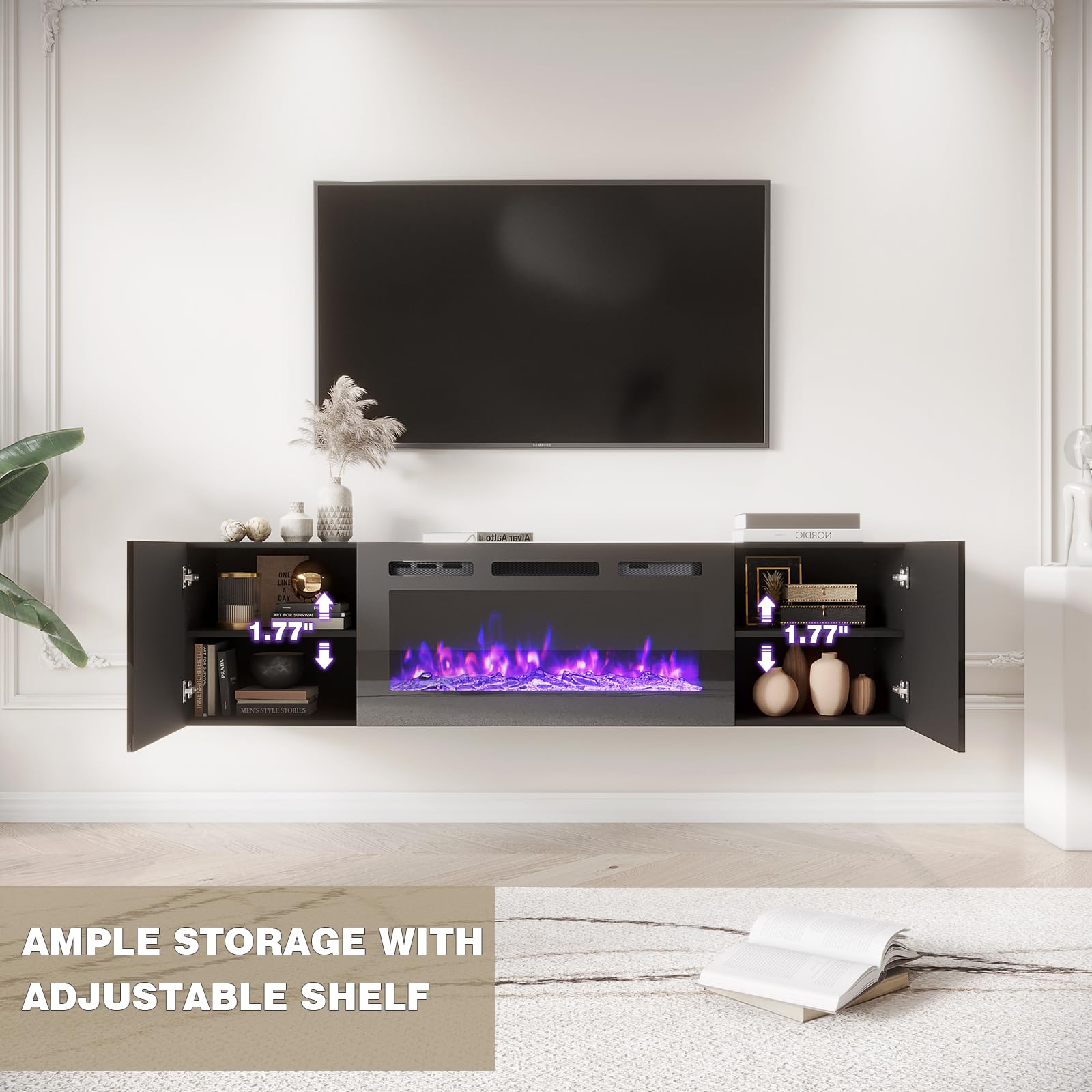 Erommy 70   Floating Tv Stand With 36   Electric Fireplace, High Gloss Finish Entertainment Center With 12 Flame Fireplace I