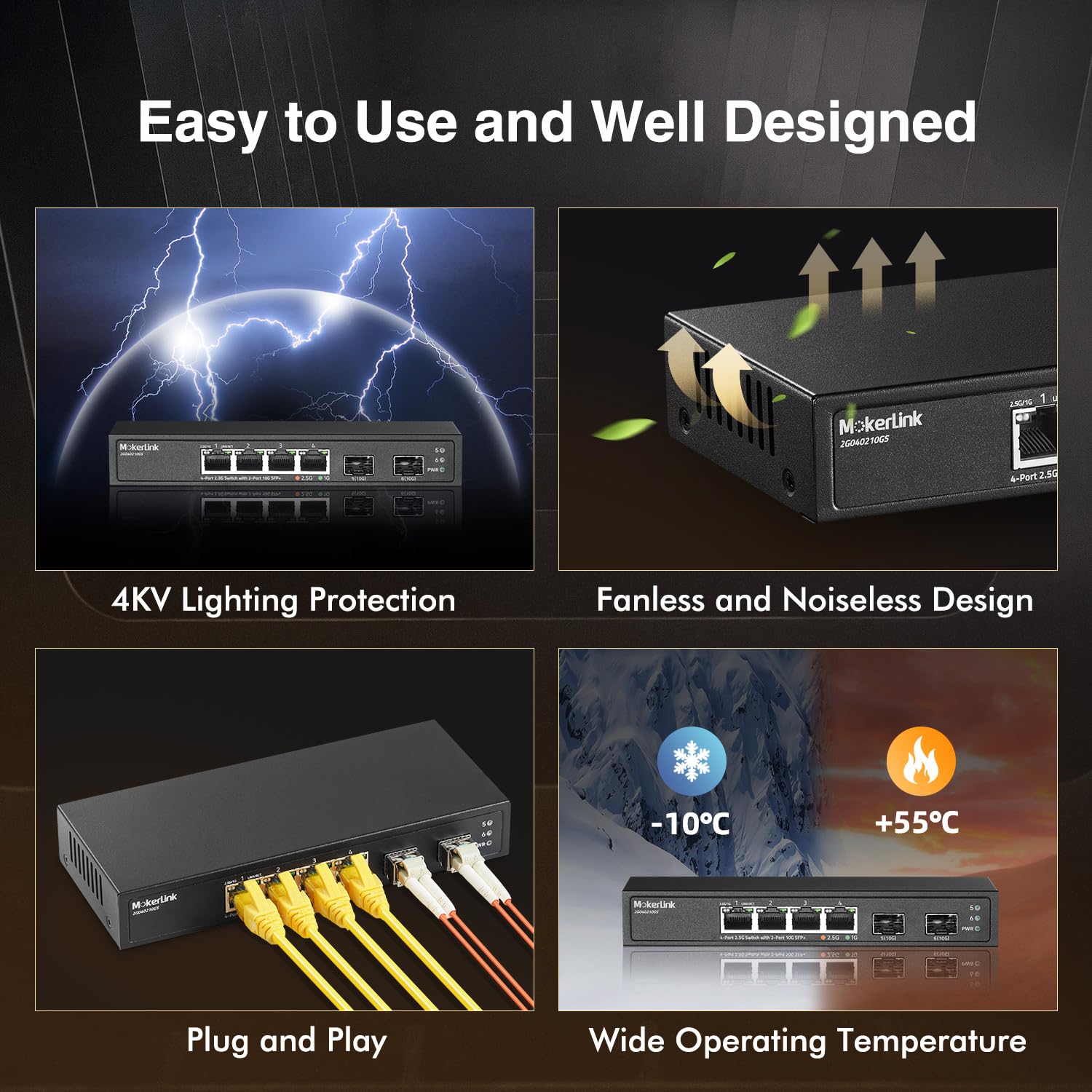 Mokerlink 4 Port 2.5G Ethernet Switch With 2 Port 10G Sfp+ Slot, 4 X 2.5G Base T Ports Compatible With 10/100/1000Mbps, Metal Un