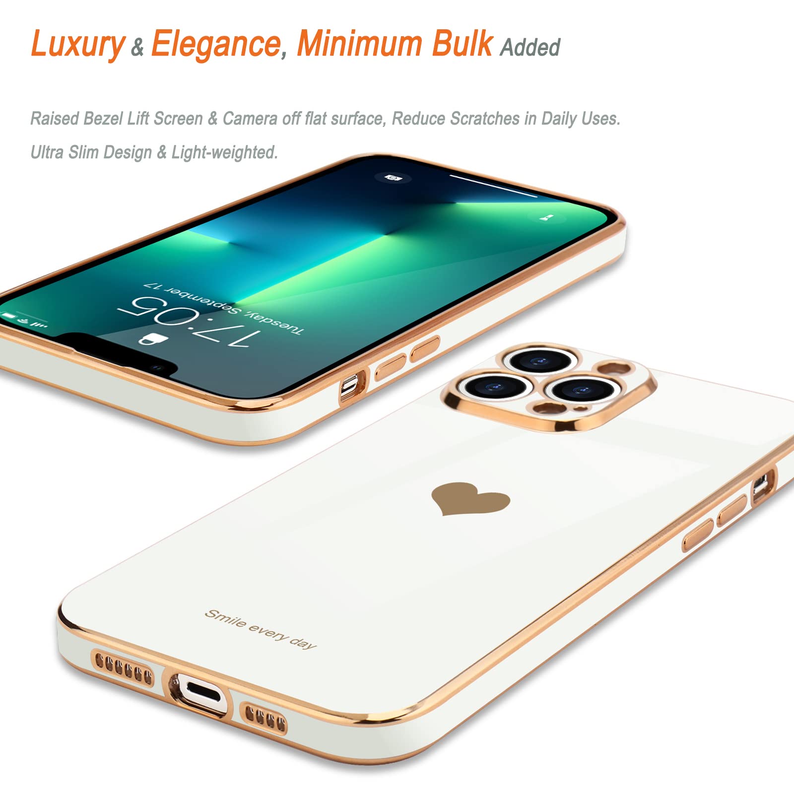 Teageo For Iphone 13 Pro Case For Women Girl, Cute Love Heart Luxury Bling Plating Soft Back Cover, Raised Full Camera Protectio