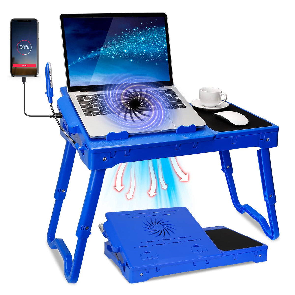 Laptop Desk For Bed,Laptop Bed Tray Table For Couch Sofa,Portable Adjustable Height Foldable Laptop Desk With Cooling Fan Led Light Mouse Pad 4 Port Usb Hub(Blue)