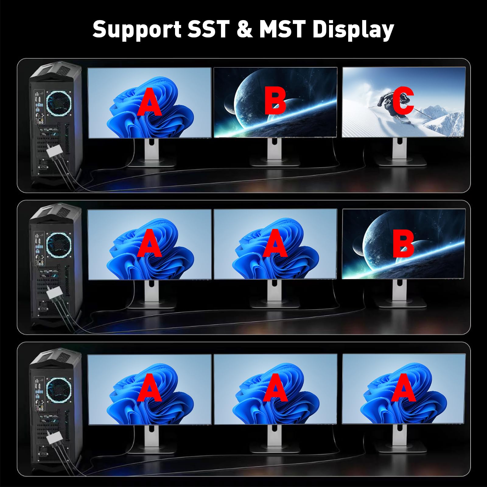 Uantin Displayport Splitter For 3 Monitors Extended Display | 4K 60Hz Display Port To Docking Station 1 In 3 Out Adapter 3Xdp Ms