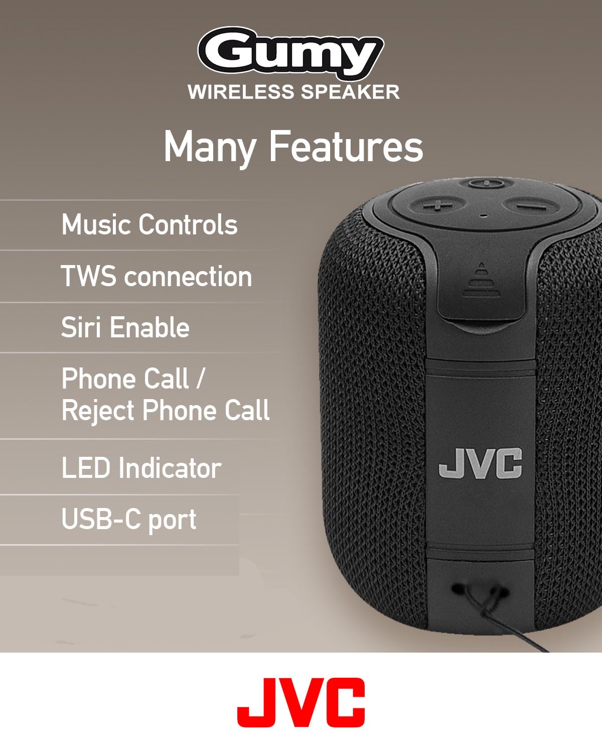 Jvc Portable Gumy Wireless Speaker With Surround Sound, Bluetooth 5.3, Lightweight, Tws Capability, Usb C, Up To 15 Hour Battery