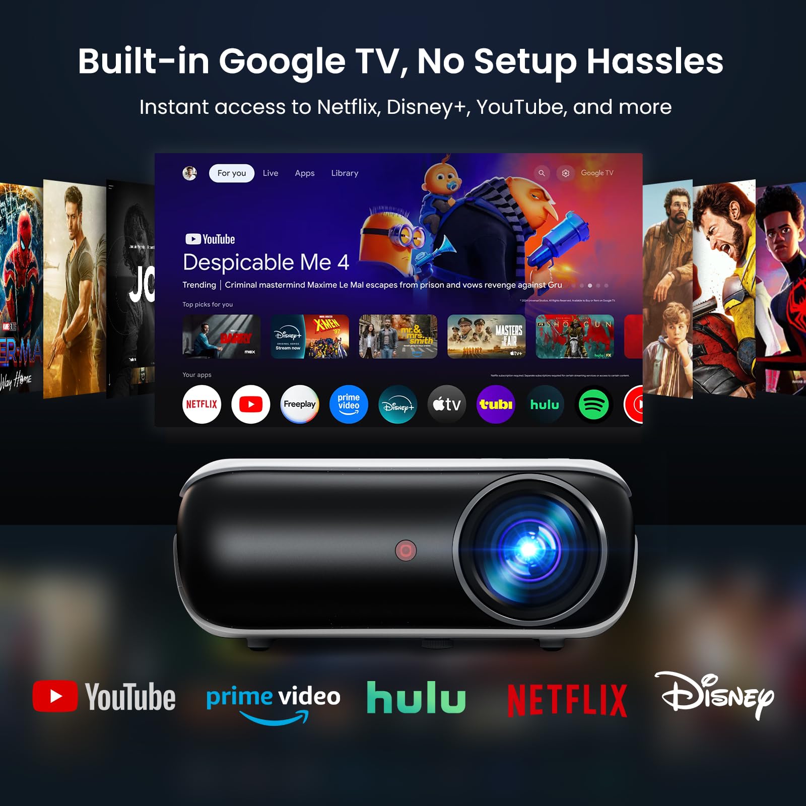 Happrun Google Tv Projector   4K & Hdr10+, Wifi & Bluetooth, Netflix Licensed, Outdoor Movie Projector With Google Cast & Airpla