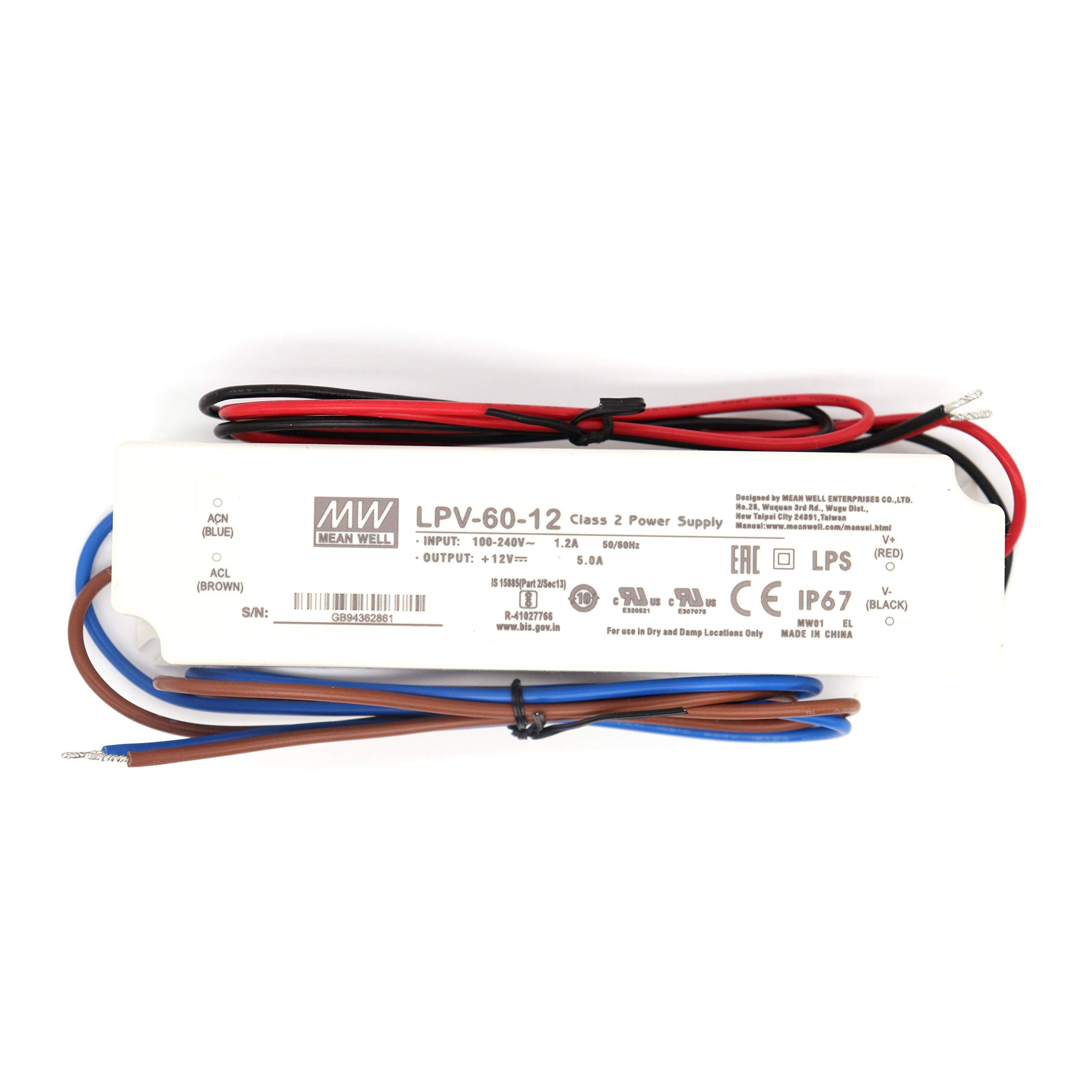 Meanwell Lpv 60 12 60W 12V 5A Ip67 Led Power Supply Driver
