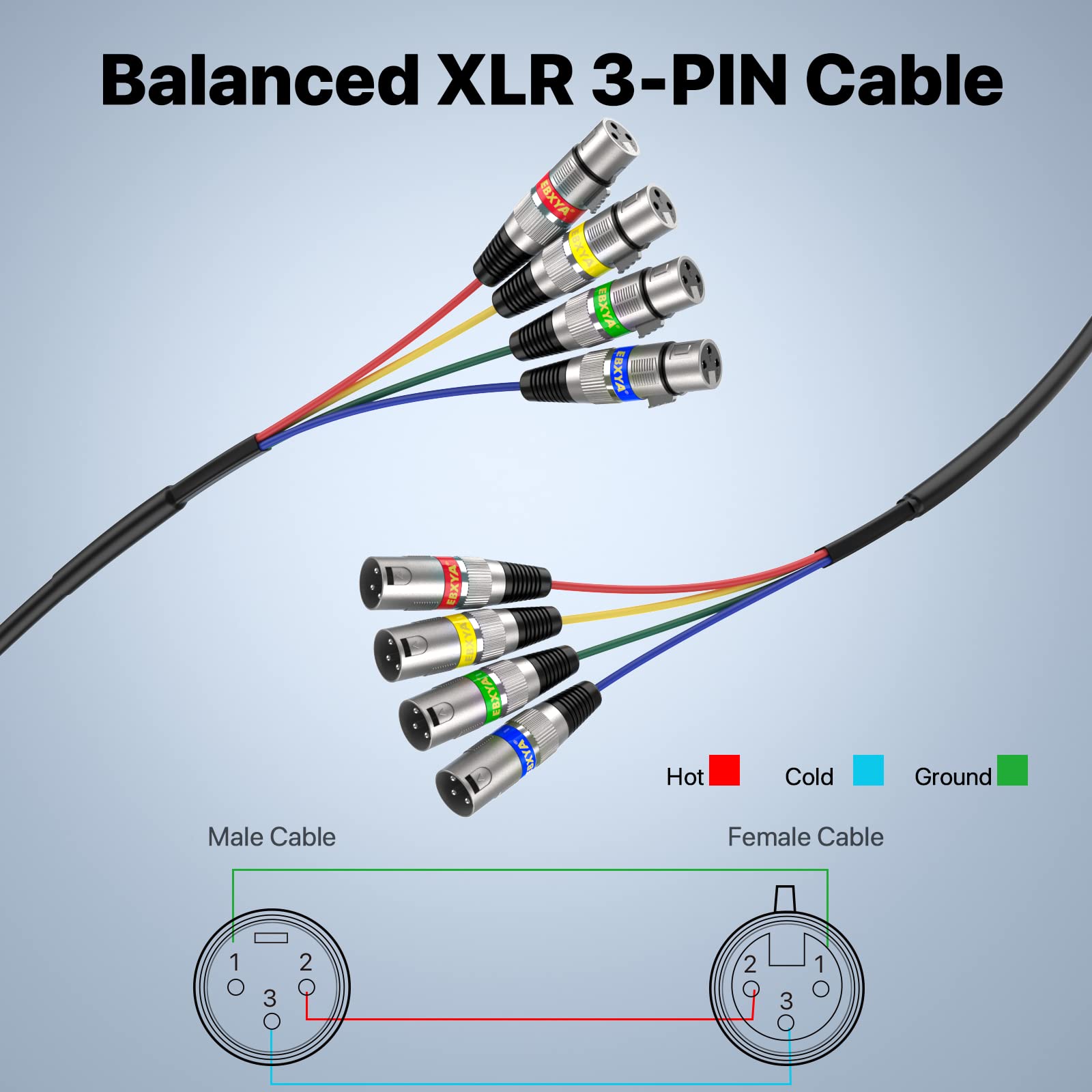 Ebxya 15Ft Xlr Snake Cables   4 Colored 4 Channel Microphone Cable Patch Speaker Cable 3 Pin Xlr Male To Female, 2 Pack