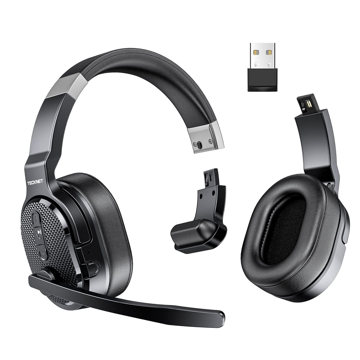 Tecknet Bluetooth Trucker Headset, Single And Dual Ear Wireless Headset With Mic For Work Noise Cancelling, 40Hrs 3 Eq Music Mod