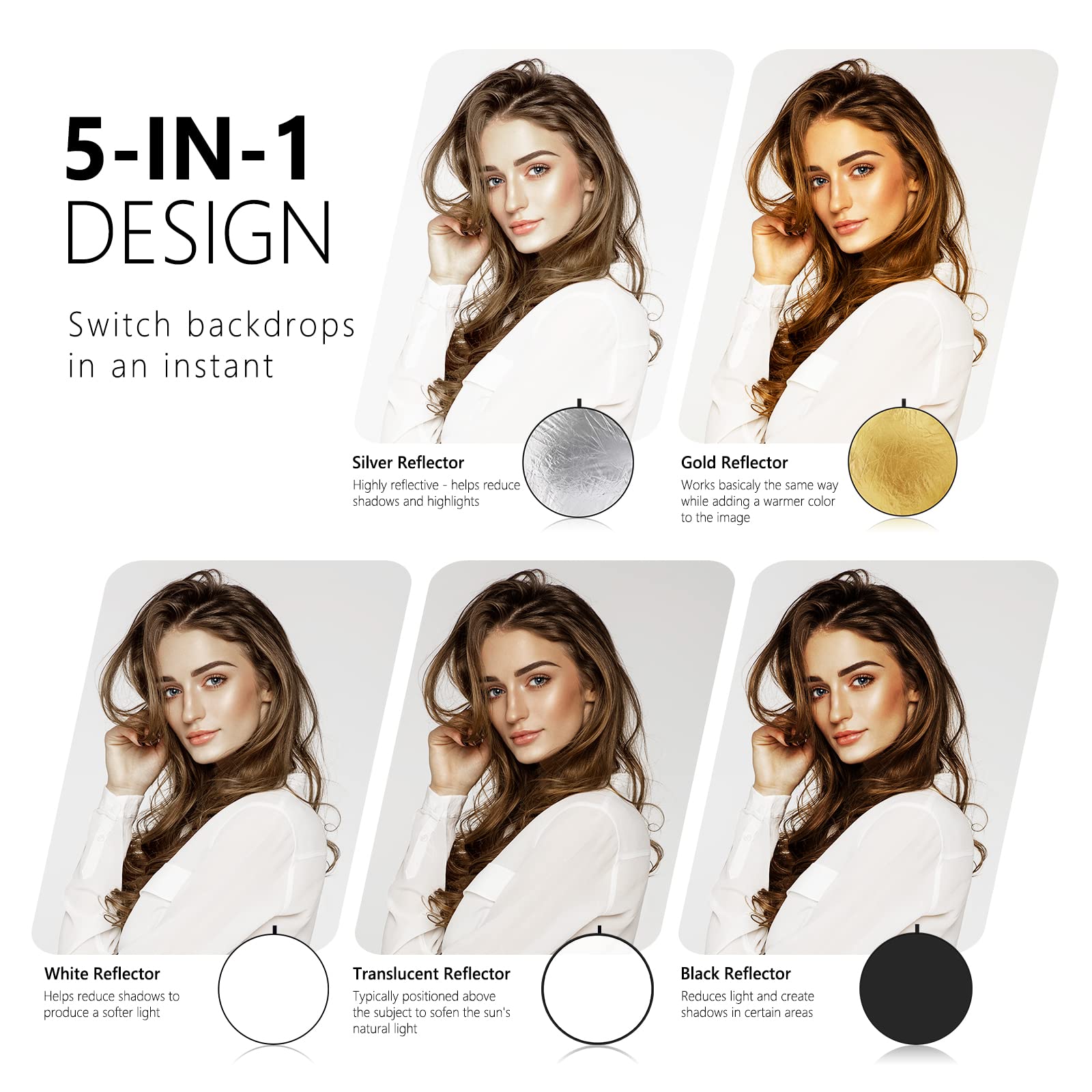 Neewer 32 Inch/80 Centimeter Light Reflector Light Diffuser 5 In 1 Collapsible Multi Disc With Bag   Translucent, Silver, Gold,