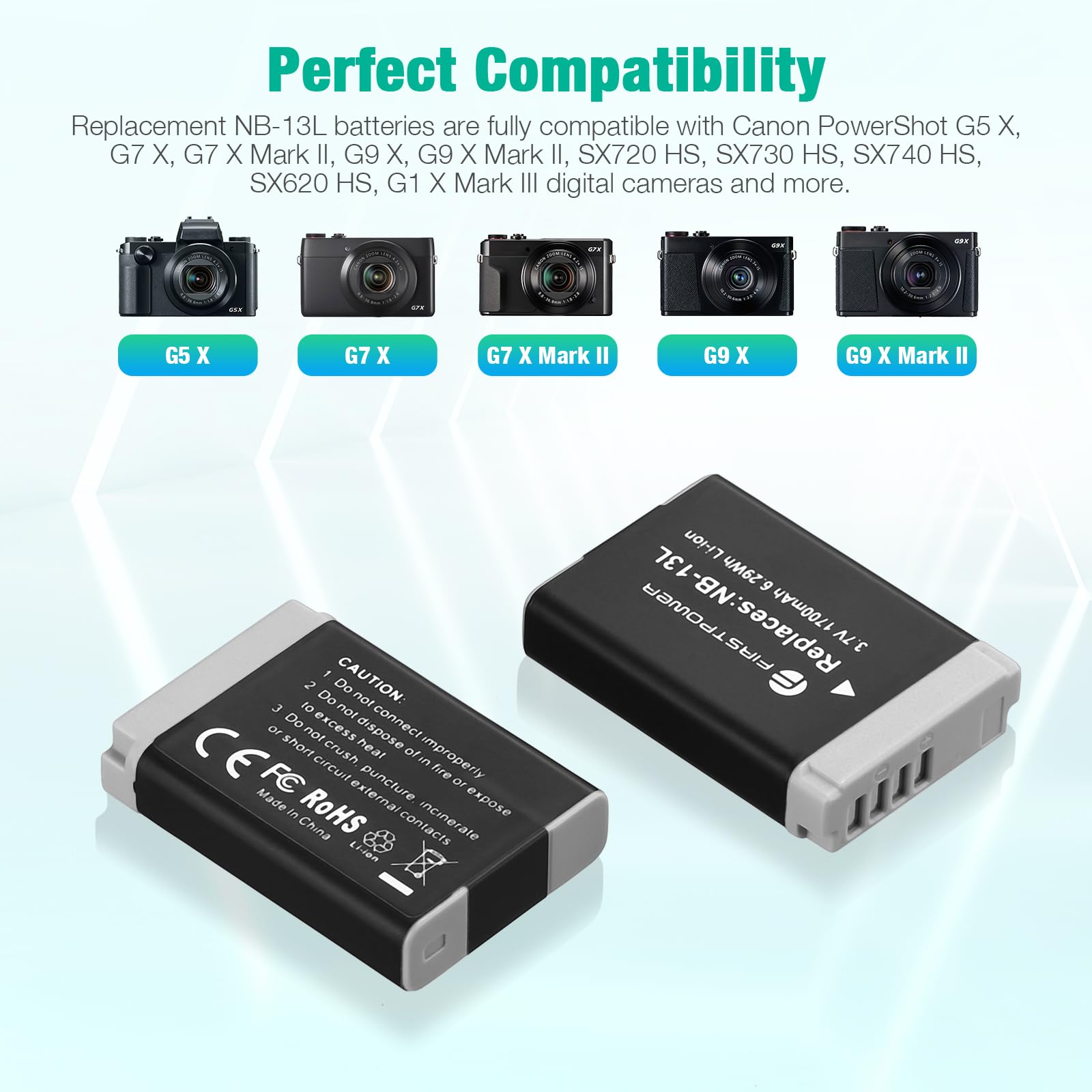 Firstpower 2 Pack Nb 13L Battery And Dual Usb Charger Compatible With Canon Powershot G7 X Mark Ii, G7 X, G1 X Mark Iii, G5 X, G