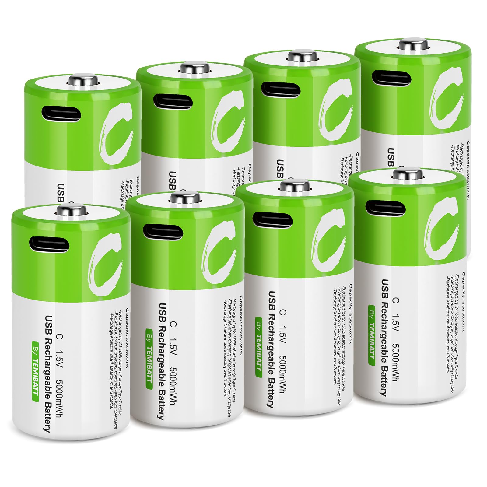 TEMIBATT Rechargeable C Batteries 8 Pack with 4 in 1 USB-C Charge Cable,LR14 1.5V 5000mWh Li-ion C Batteries Replacement for Flo