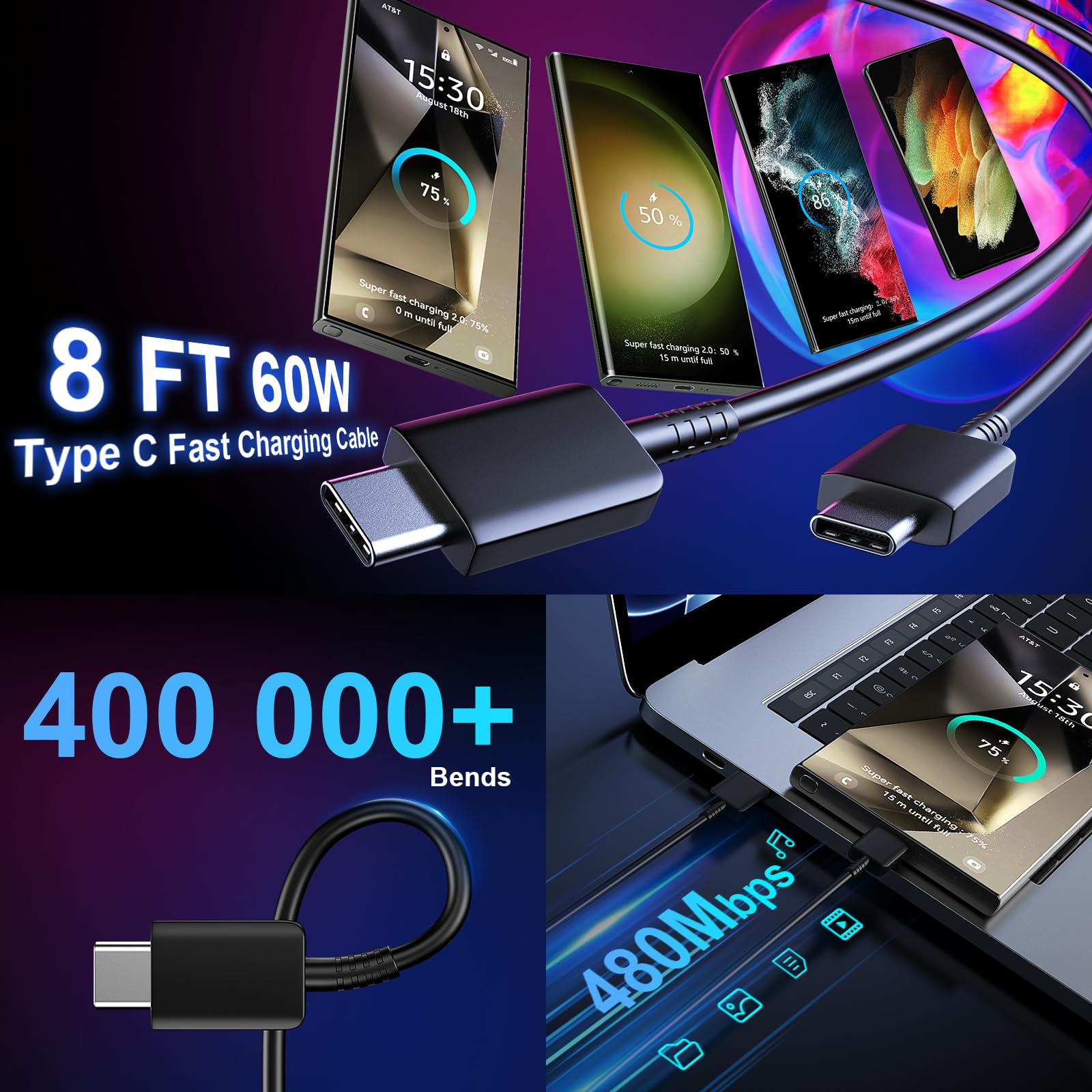 Usb C Fast Charger, 25W Super Fast Charger Type C Wall Charger Block With Android Phone Charger 8Ft Cable For Samsung Galaxy S22