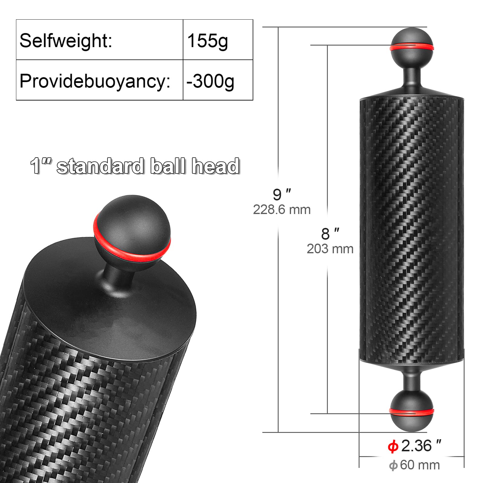 Minifocus 2Pcs Carbon Fiber Underwater Float Arm, D60Mm, 8'', Aquatic Arm, Buoyancy Provided 300G*2, Dual 1'' Ball Buoyancy Floa