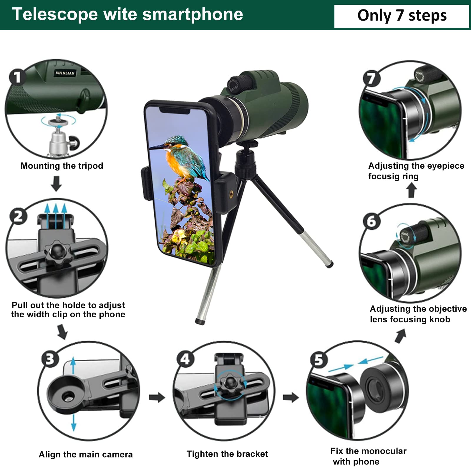 40X60 Monocular Telescope High Power Low Light Vision   For Adults With Smartphone Holder For Stargazing Bird Watching Hunting H