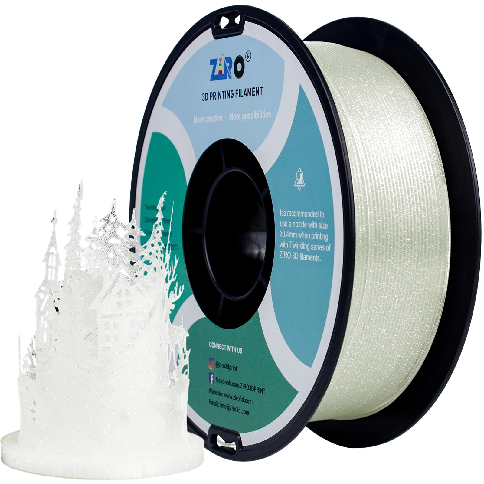 ZIRO Glitter PLA Filament 1.75mm, 3D Printer Filament Shiny Sparkle pla with Glitter, Twinkle Series 1.75 1kg/2.2lbs Translucent